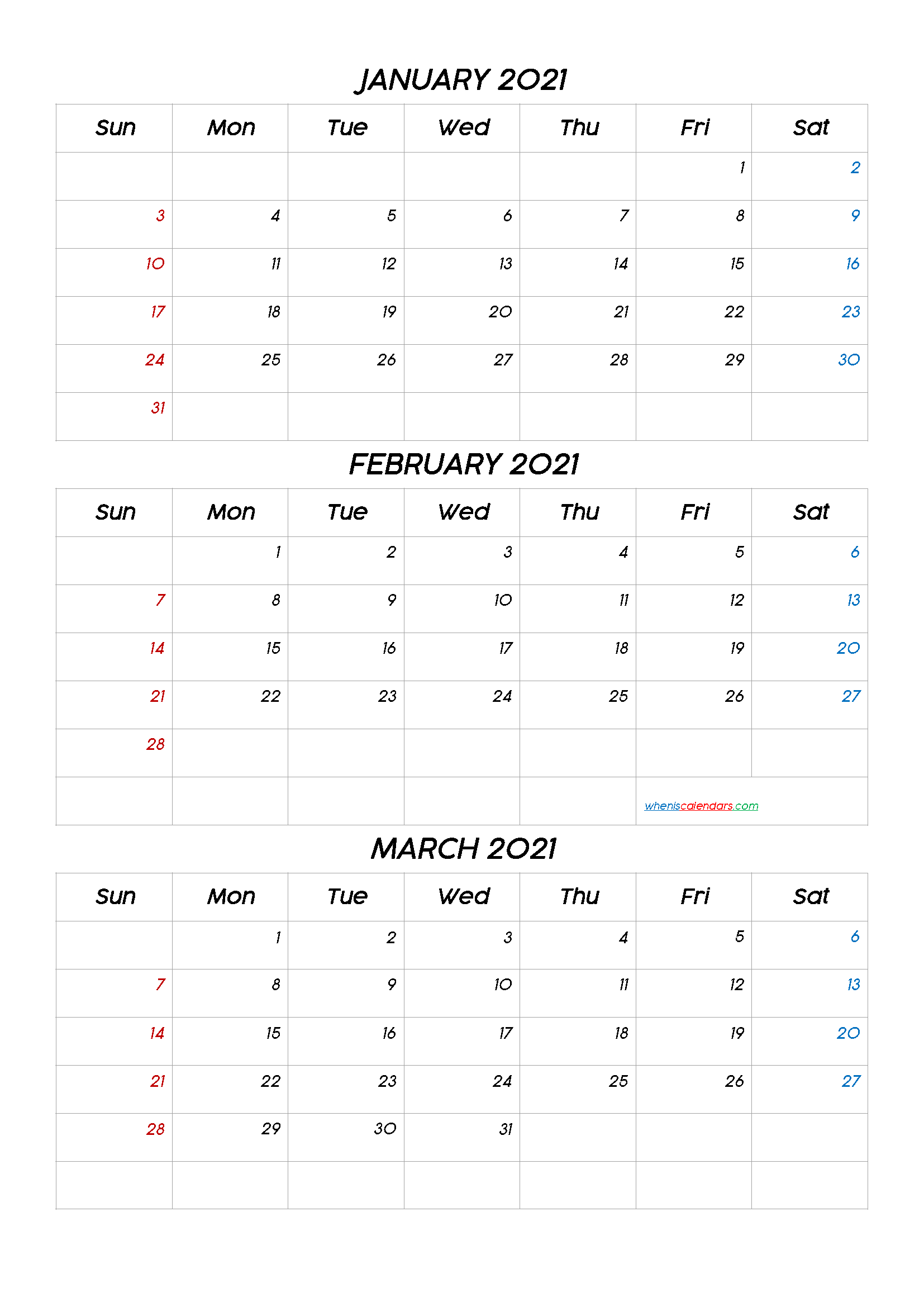 January February March 2021 Calendar PDF