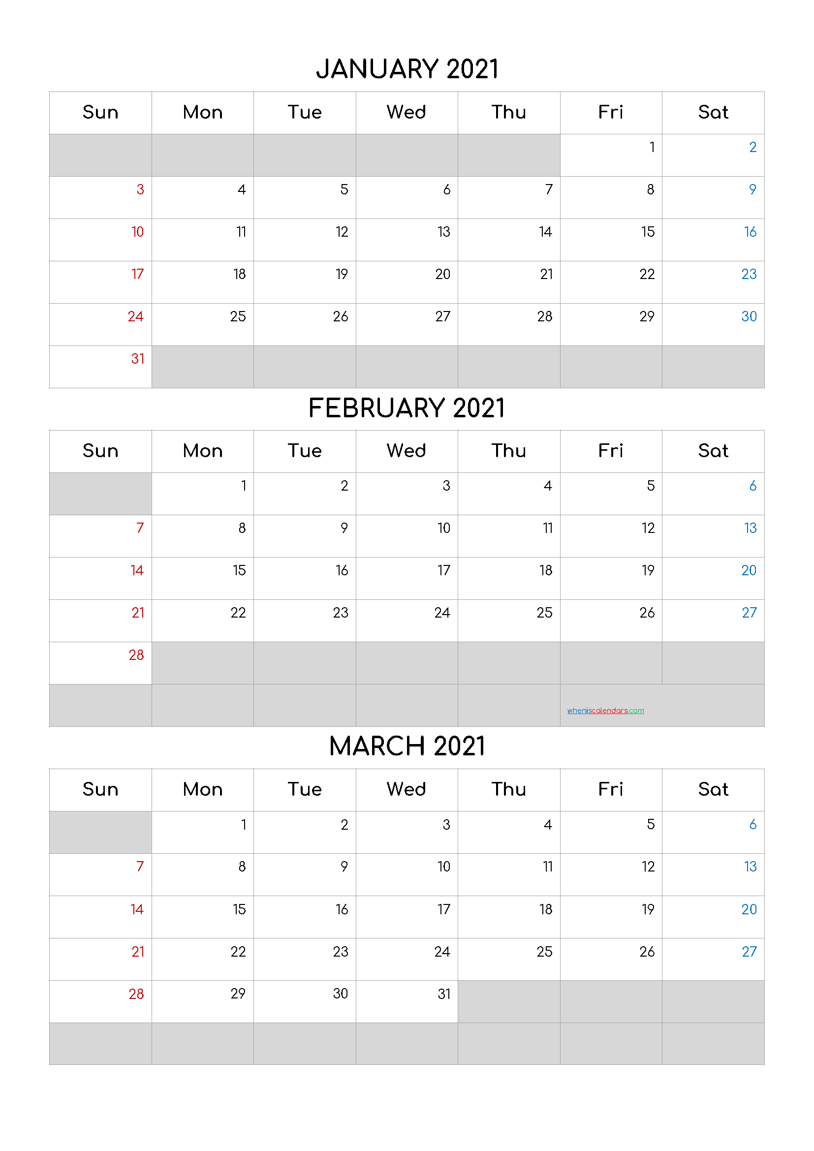 Free Calendar January February March 2021-Template Code ...