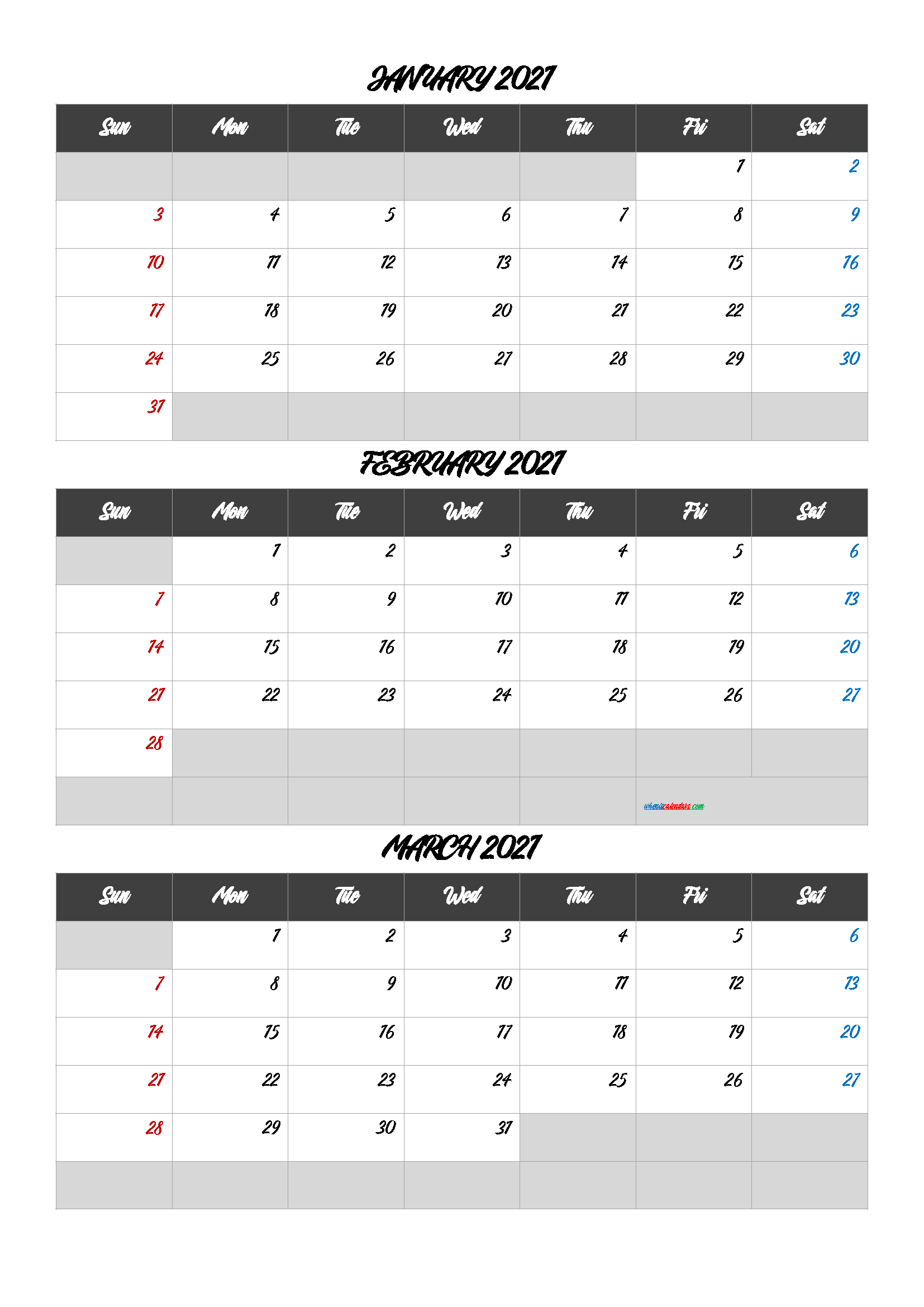 January February March 2021 Calendar Free Download