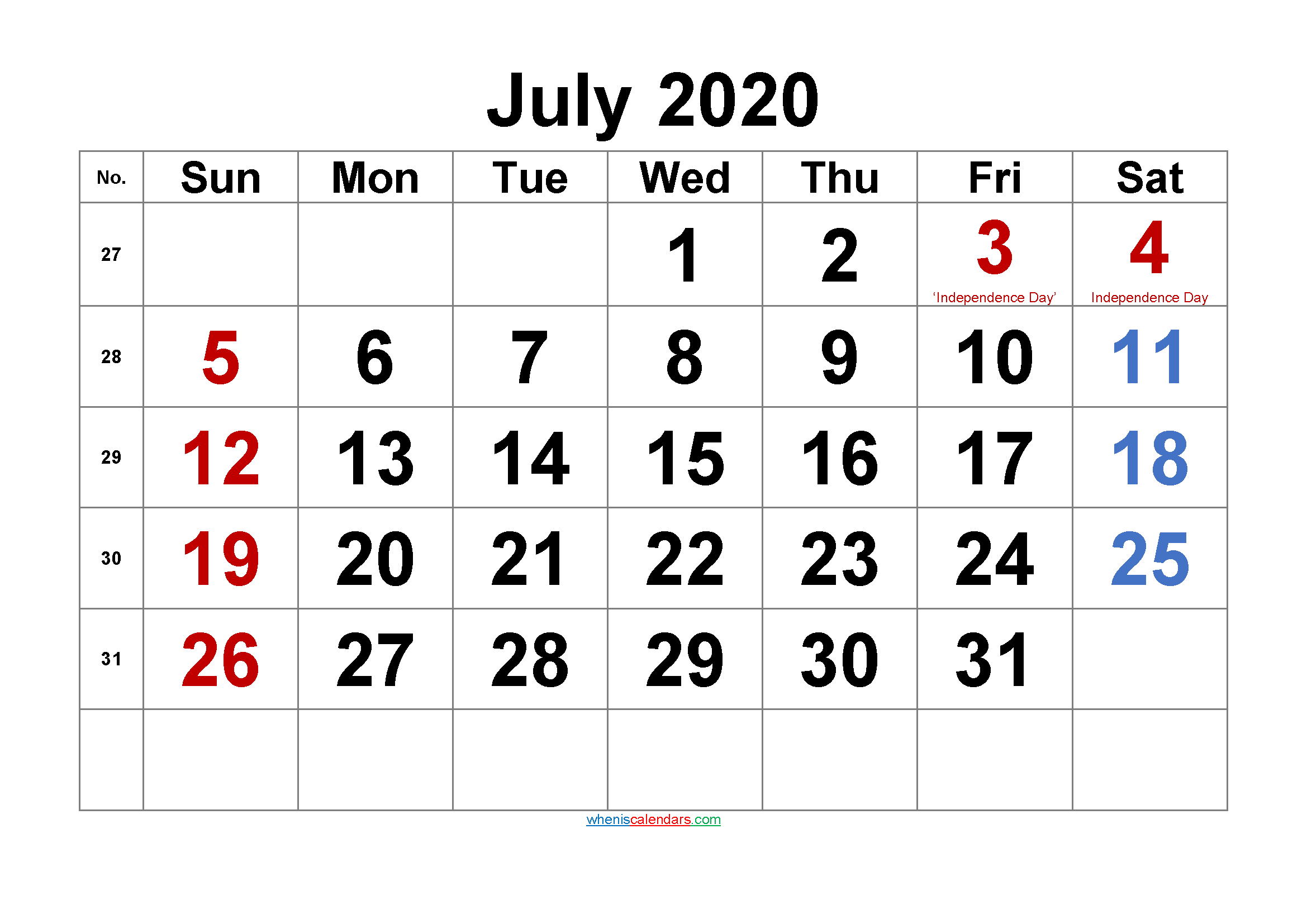 Free Printable July 2020 Calendar