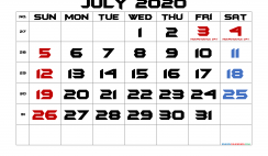 July 2020 Printable Calendar with Holidays