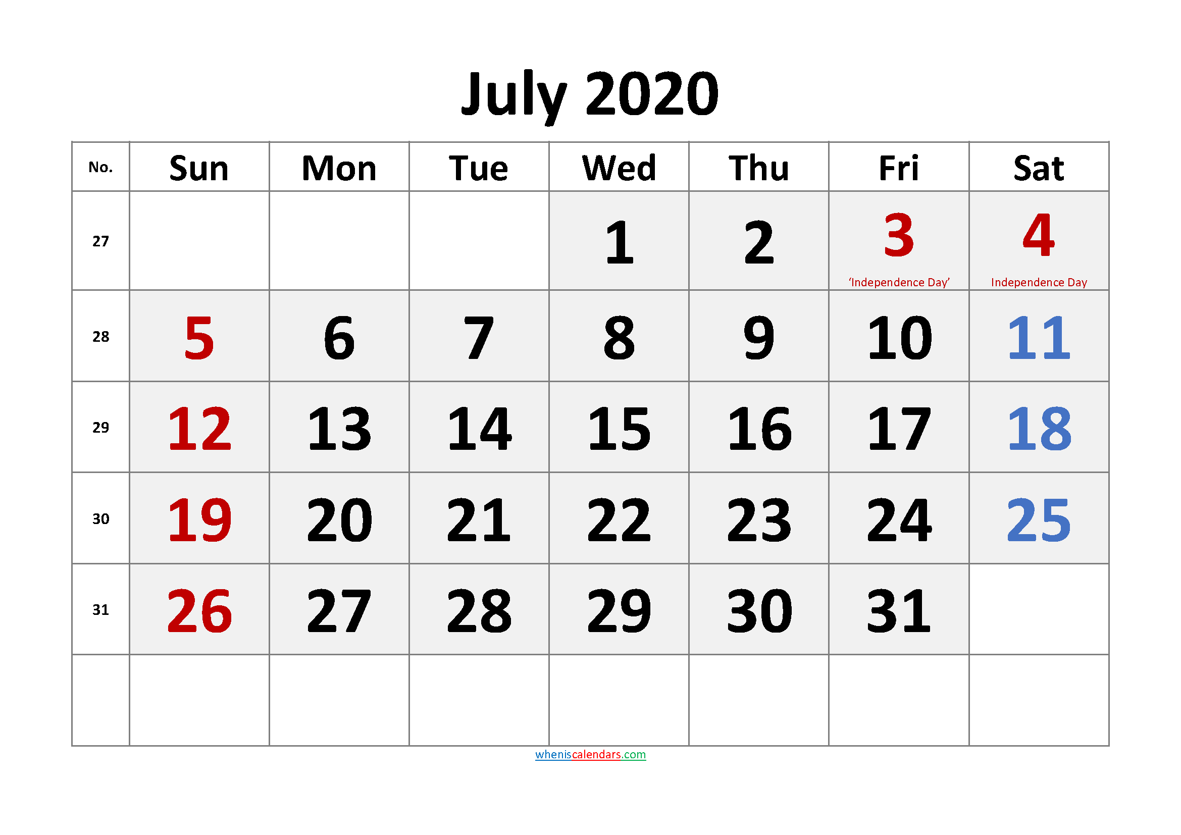 Free JULY 2020 Calendar Printable