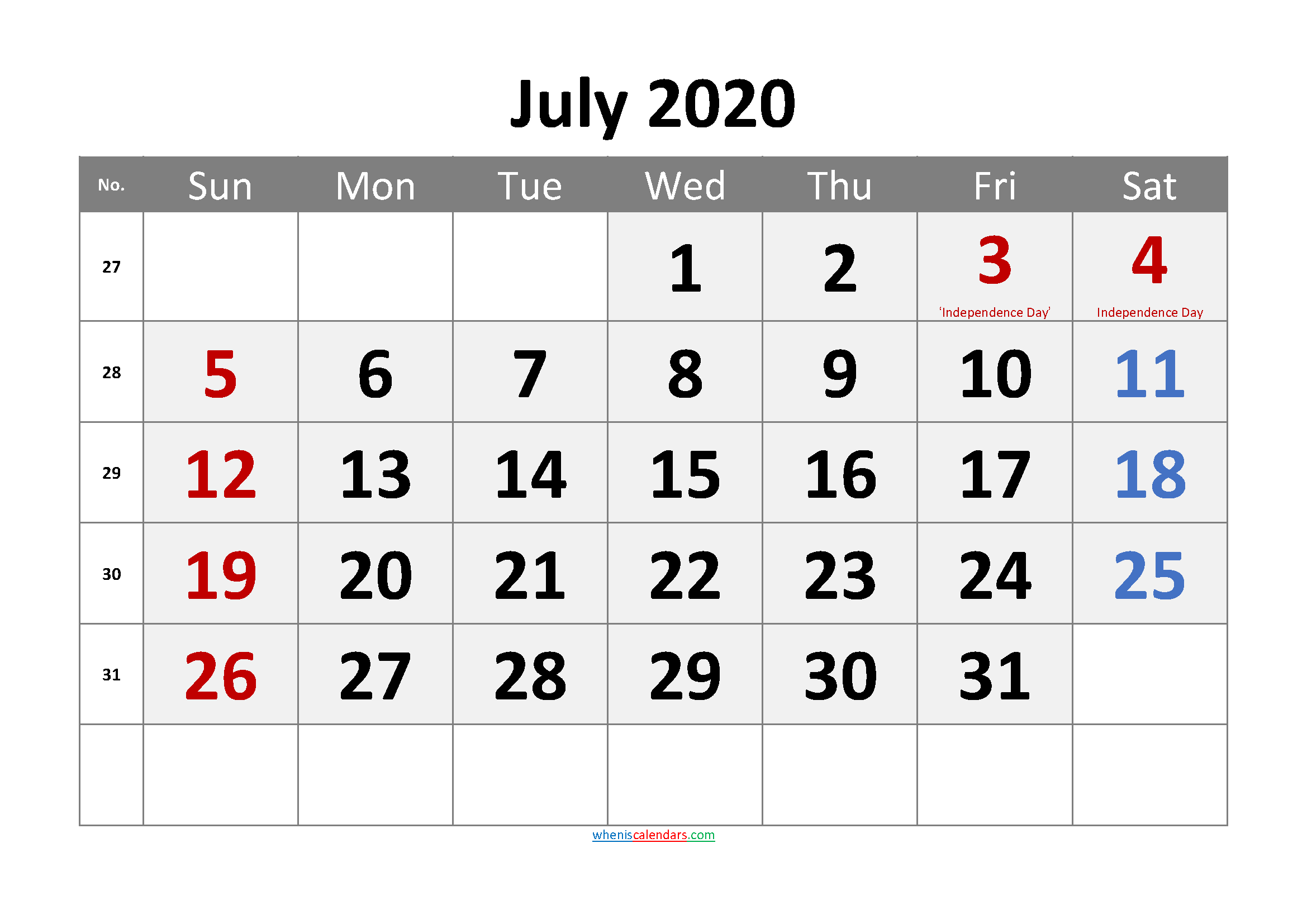 Editable July 2020 Calendar Word