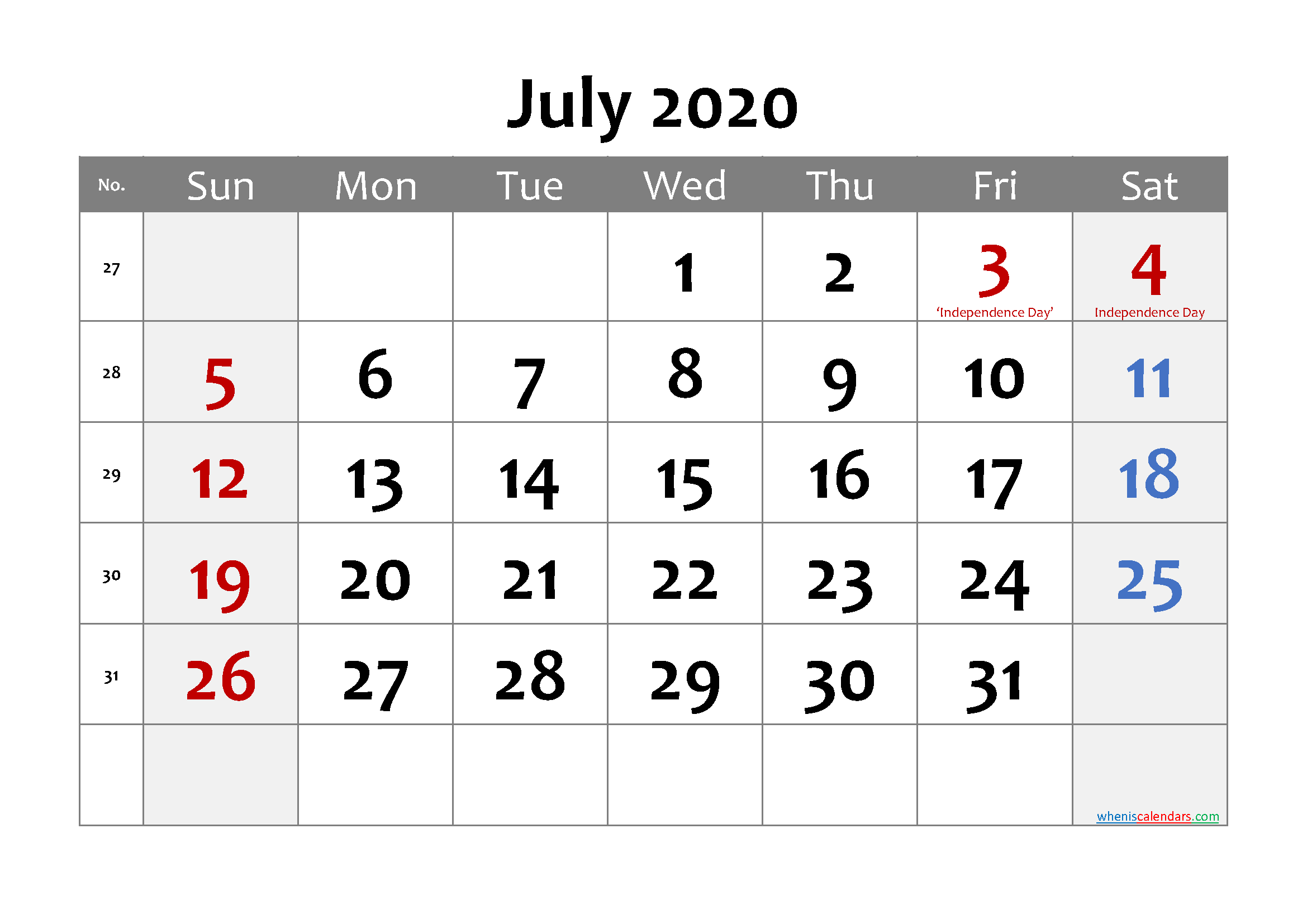 Printable JULY 2020 Calendar with Holidays