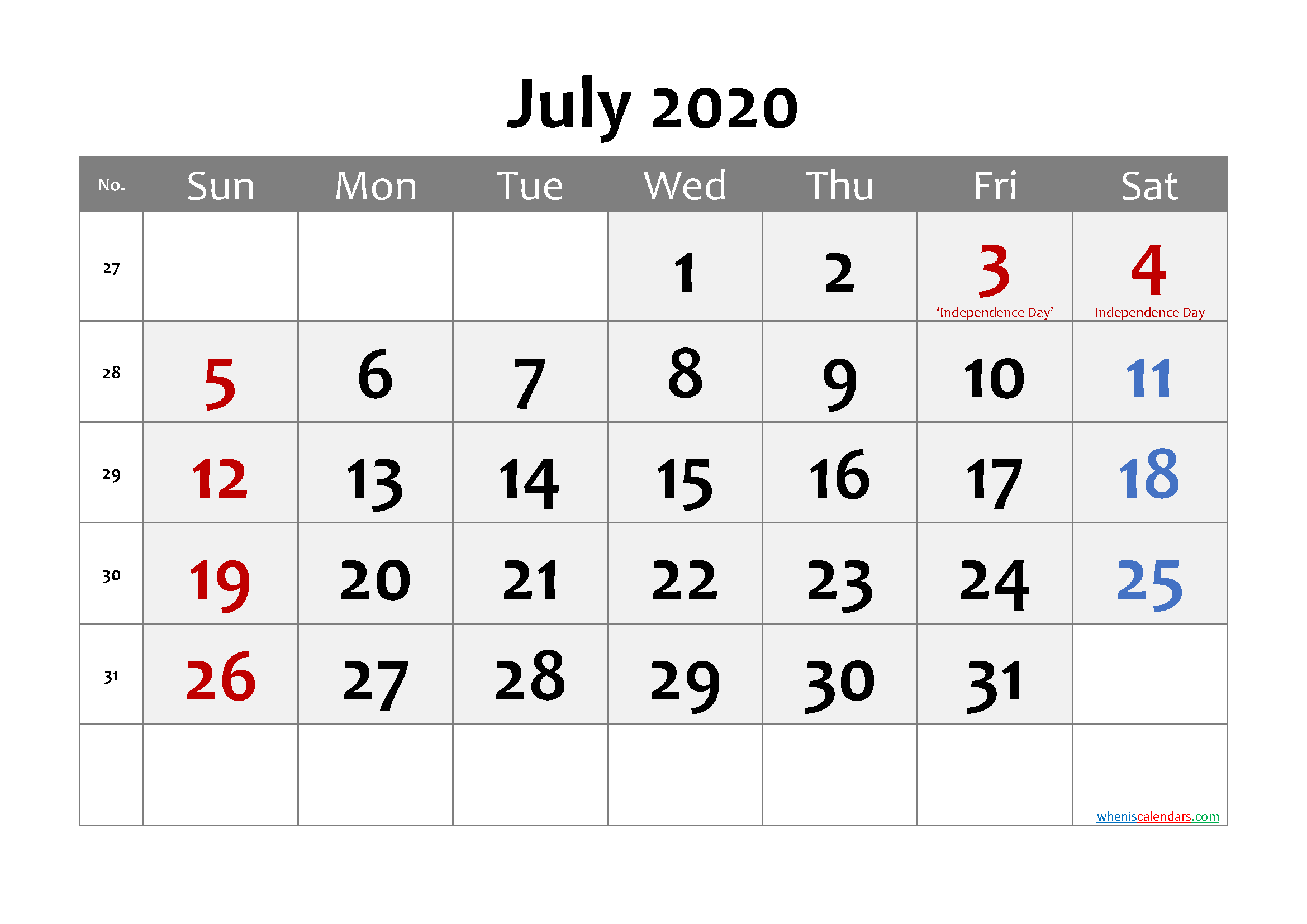 July 2020 Calendar with Holidays Printable
