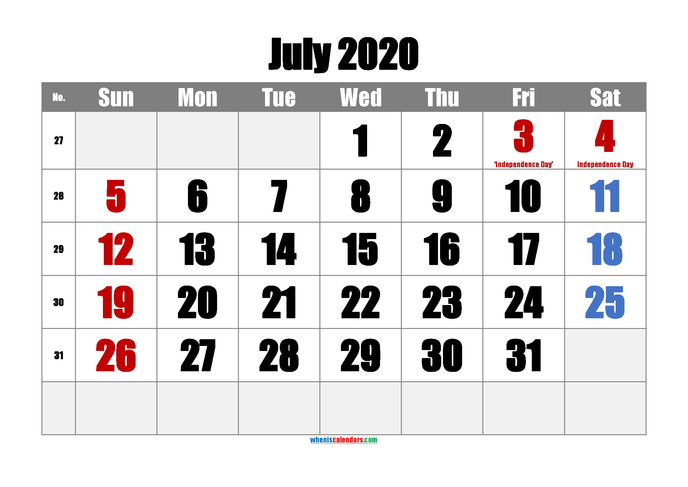 Free Printable JULY 2020 Calendar with Holidays