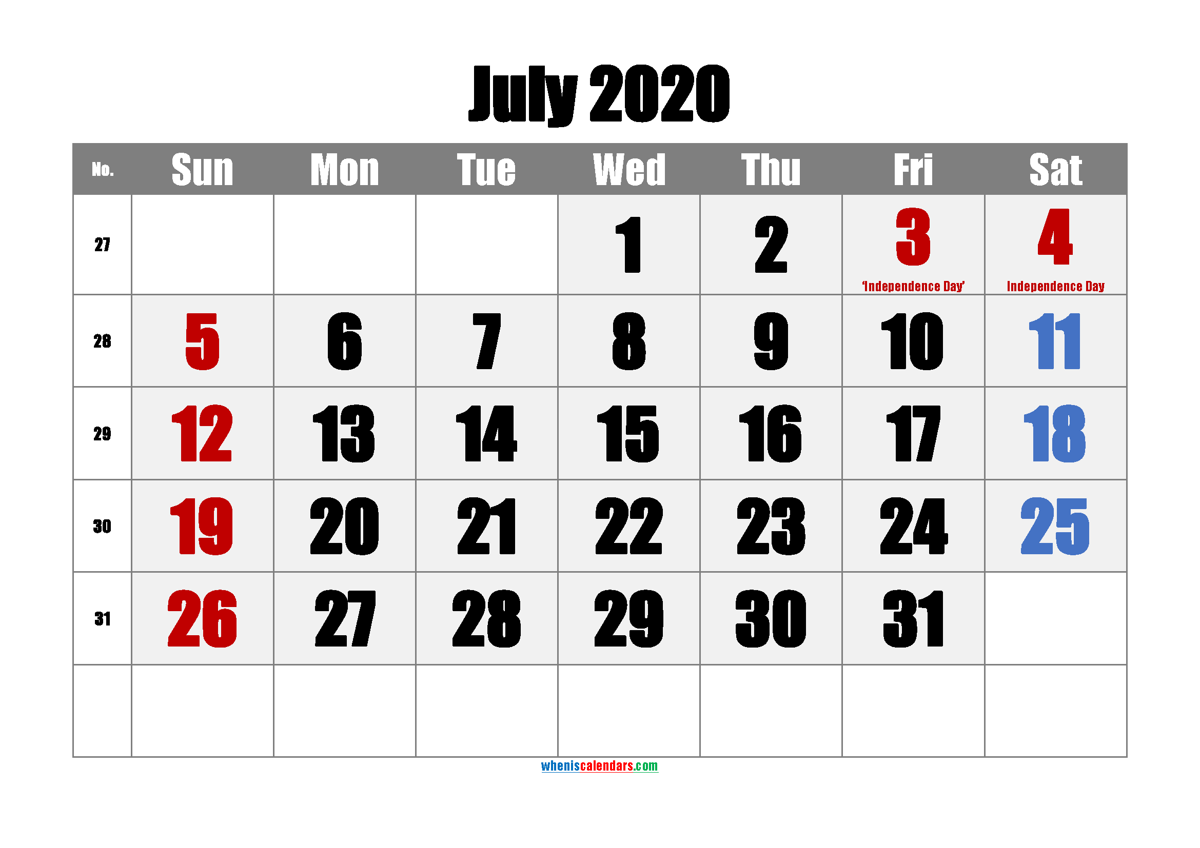 JULY 2020 Printable Calendar with Holidays