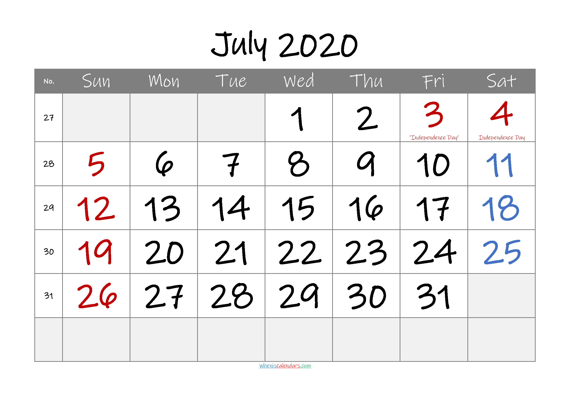 July 2020 Free Printable Calendar