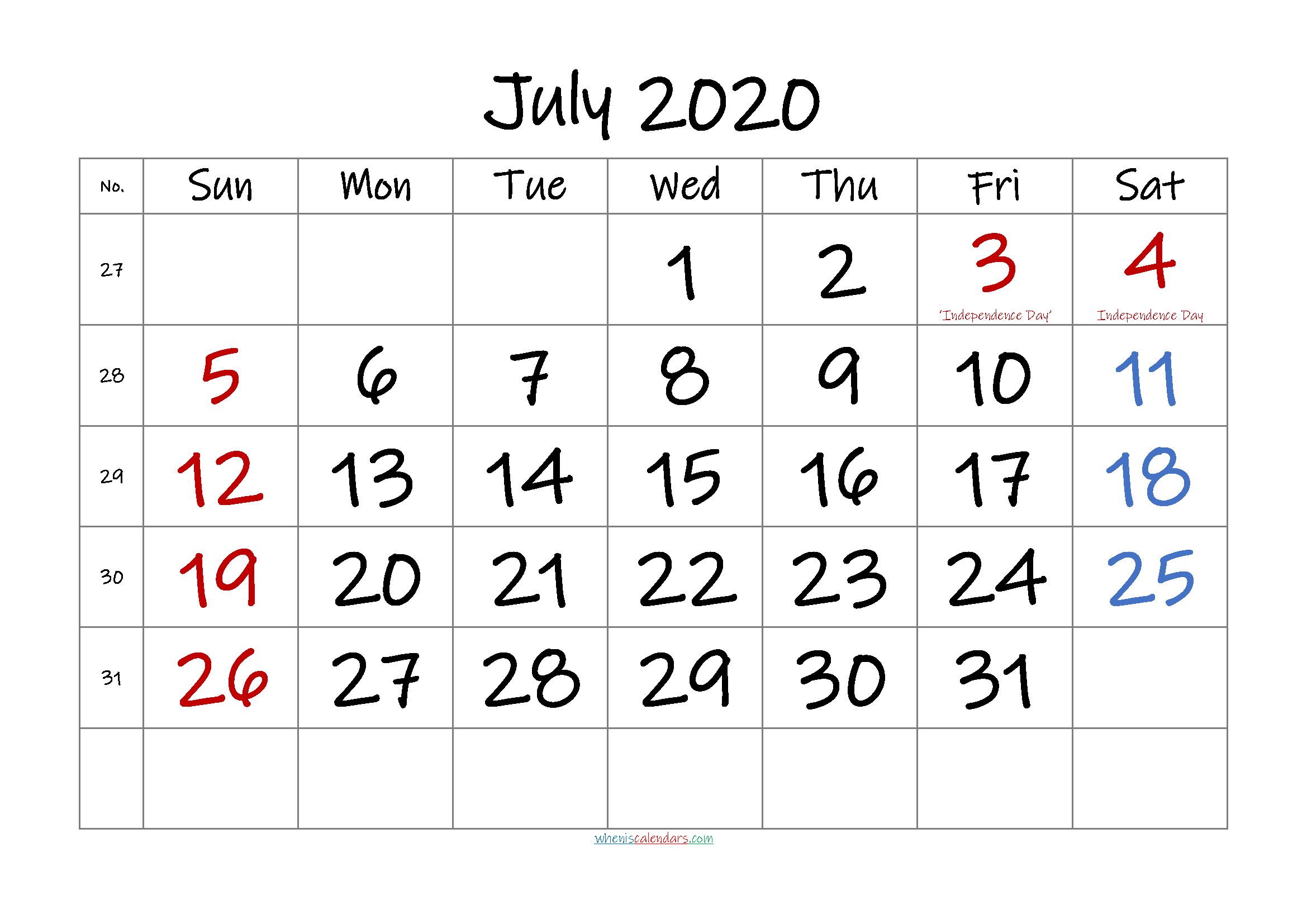 Free July 2020 Monthly Calendar Template Word 