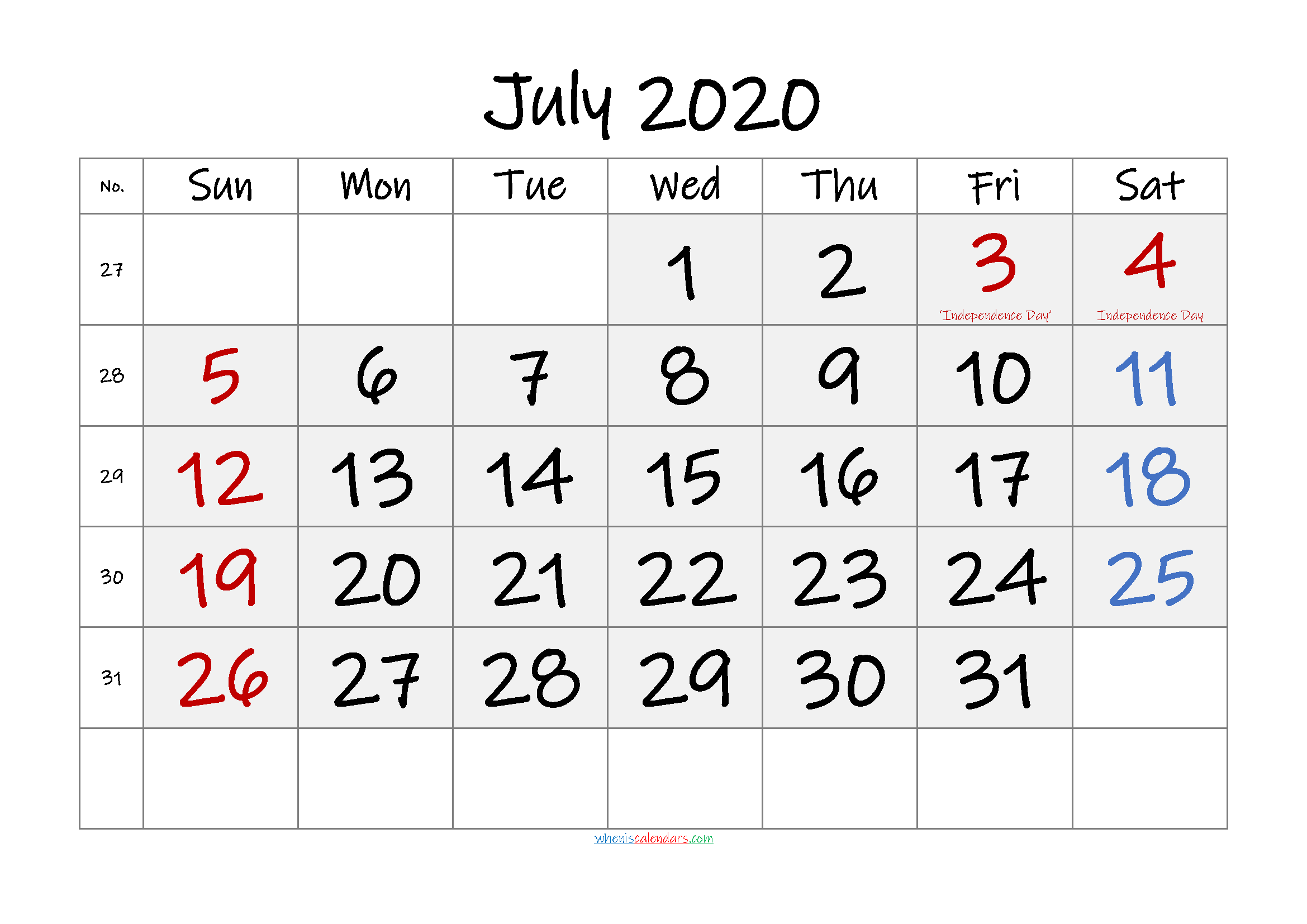Free July 2020 Monthly Calendar PDF 