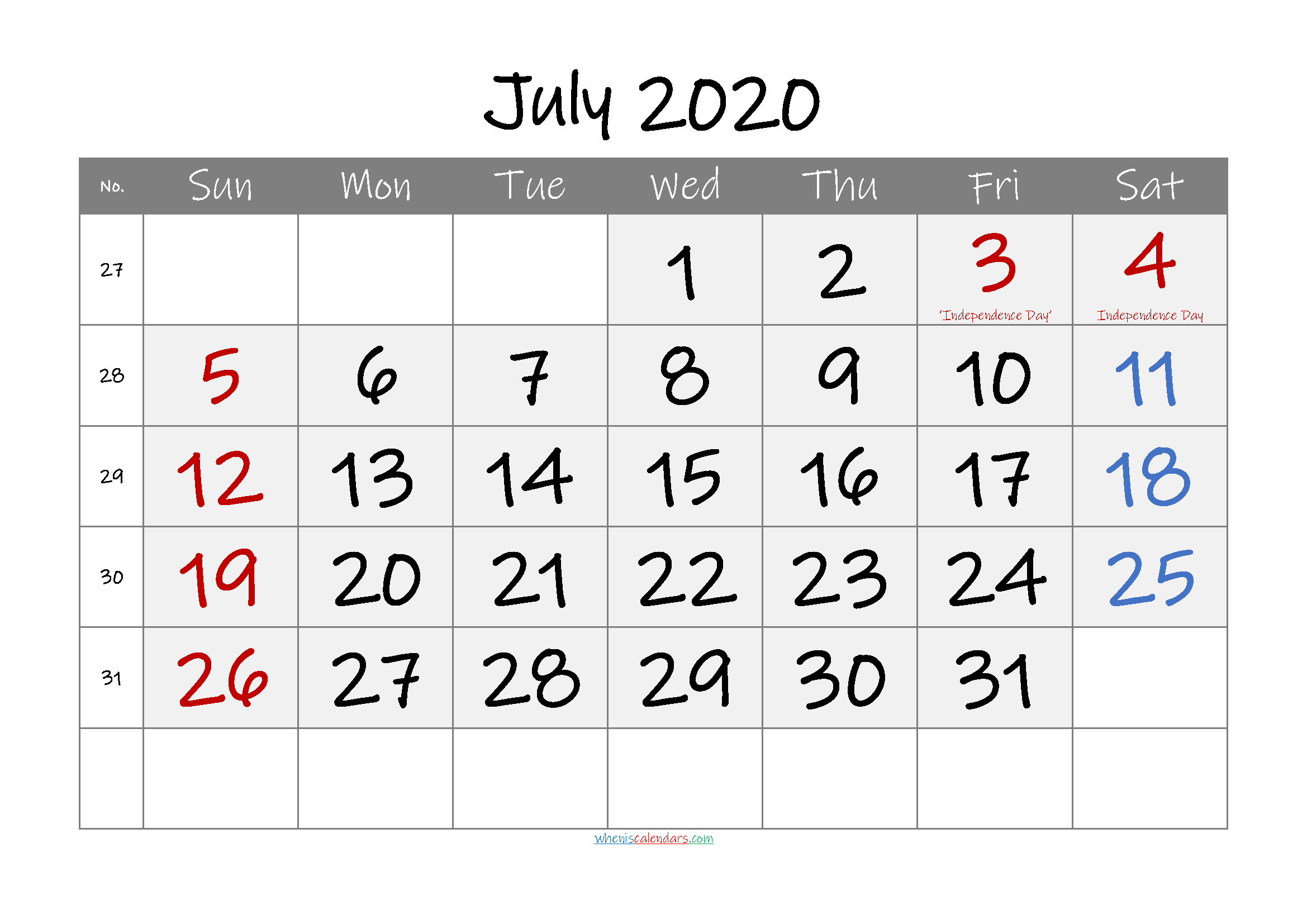 Printable JULY 2020 Calendar with Holidays