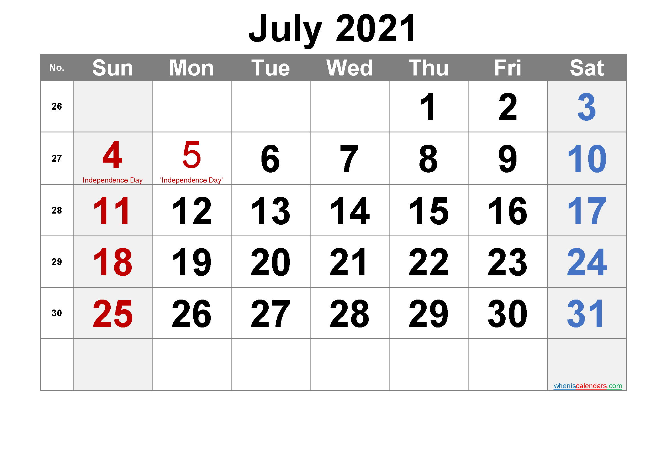 Printable July 2021 Calendar Word