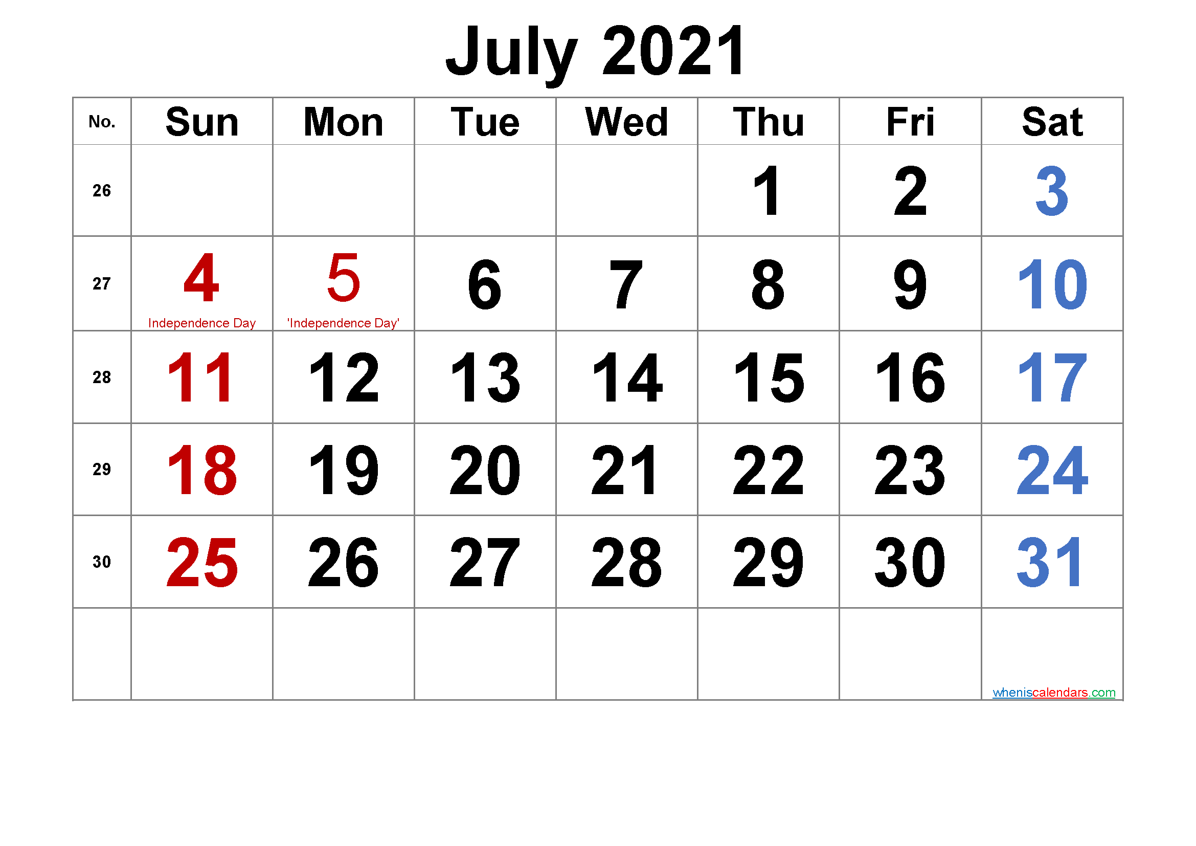 Free Printable JULY 2021 Calendar with Holidays