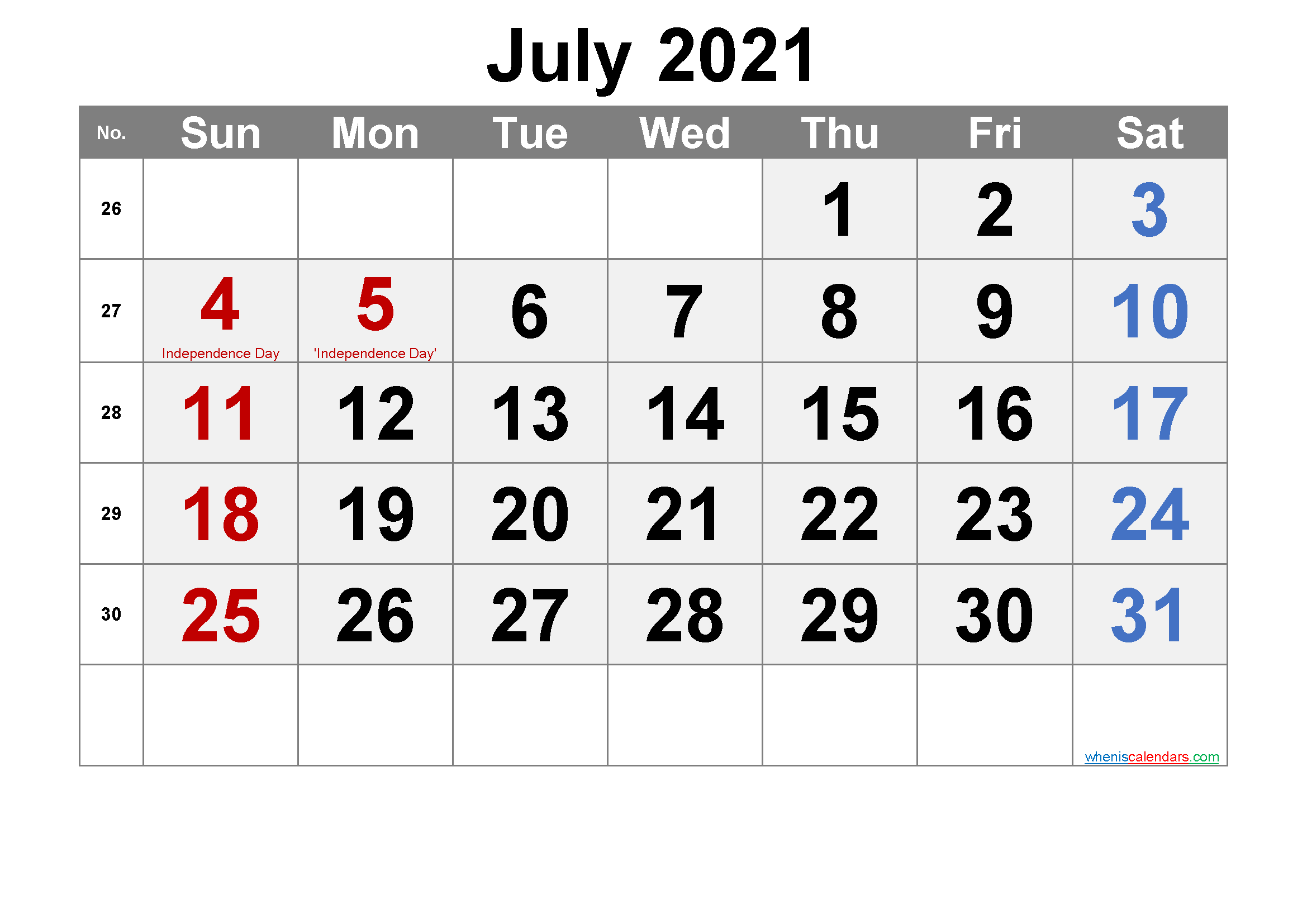 Free JULY 2021 Calendar Printable