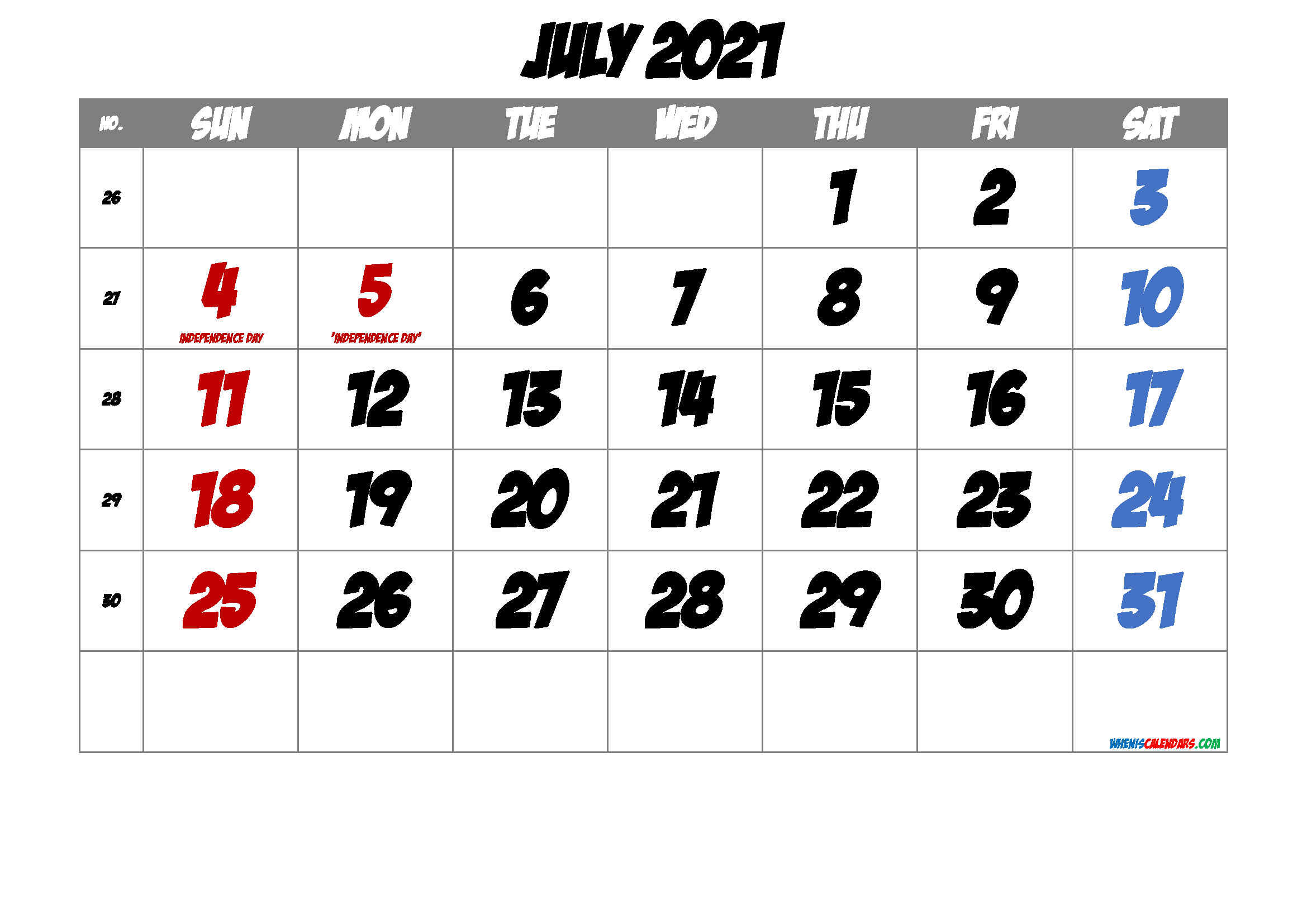 JULY 2021 Printable Calendar with Holidays