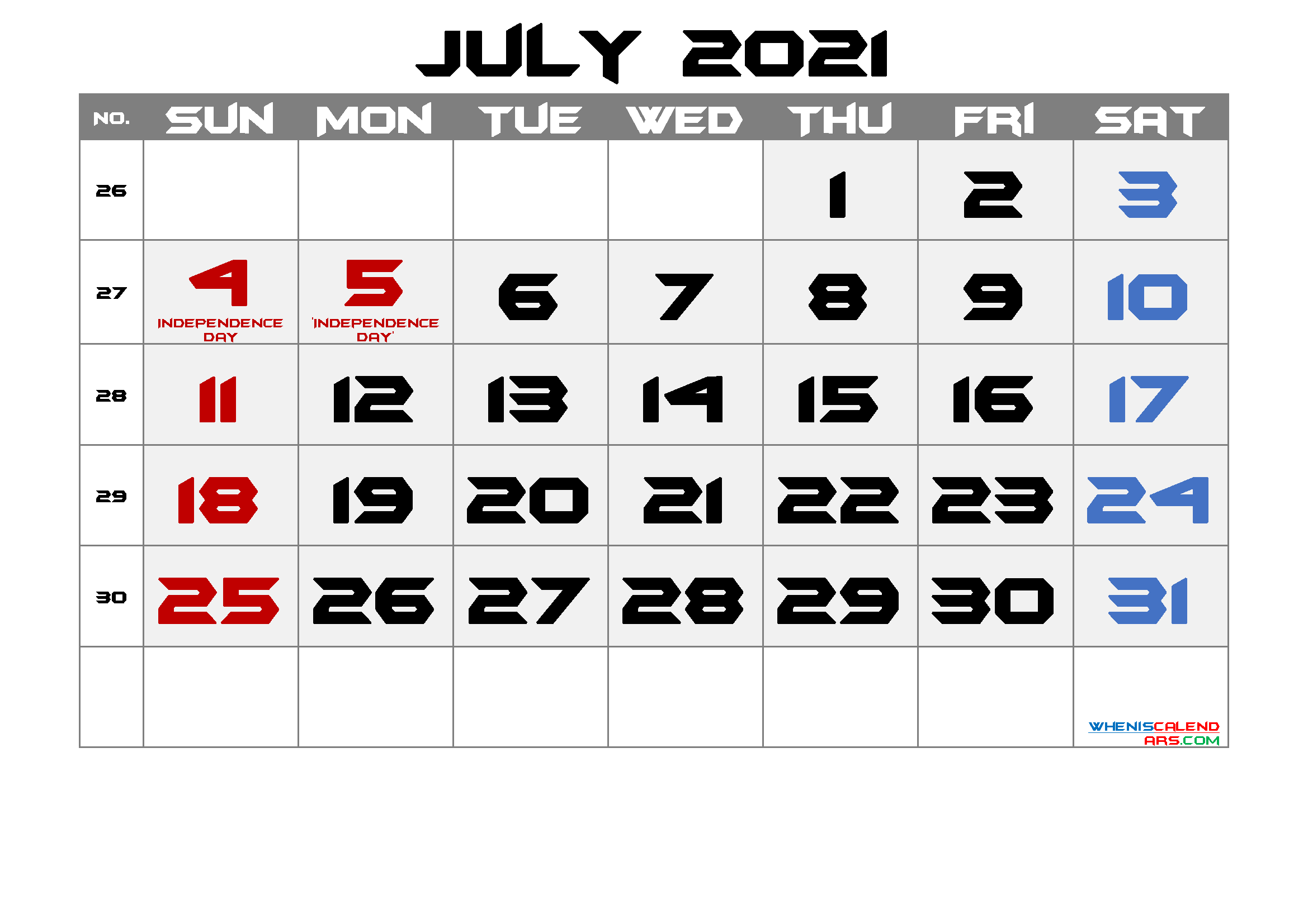 Printable July 2021 Calendar with Holidays
