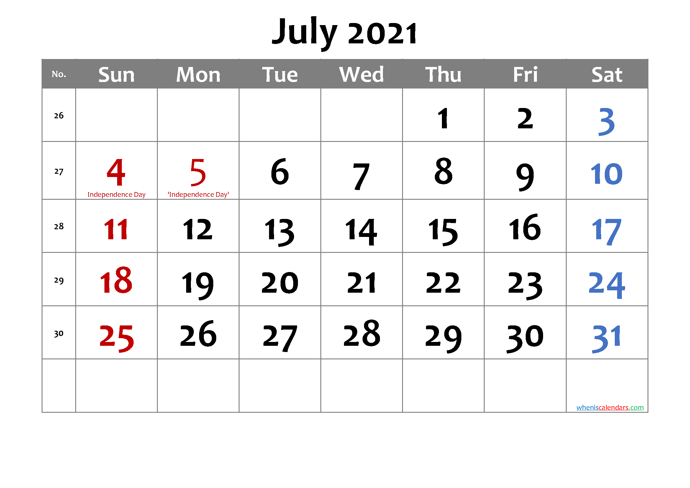 Free Printable JULY 2021 Calendar with Holidays