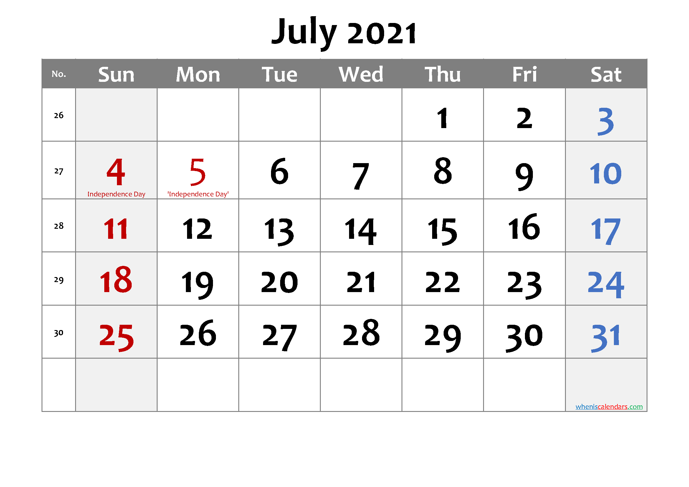 Printable JULY 2021 Calendar with Holidays