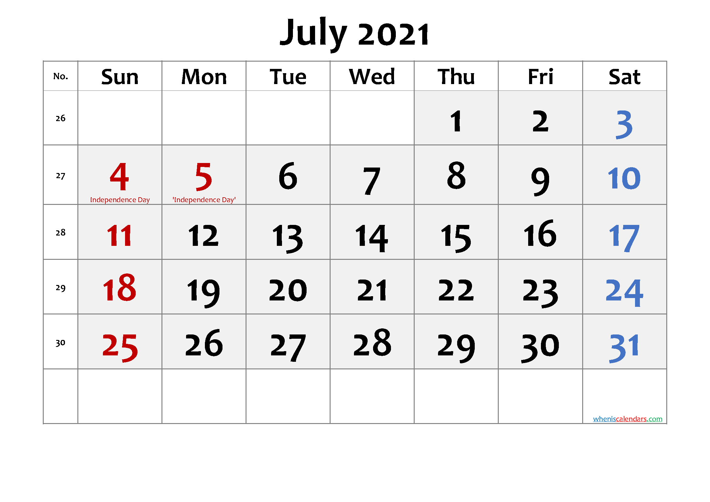 Free Printable July 2021 Calendar with Holidays