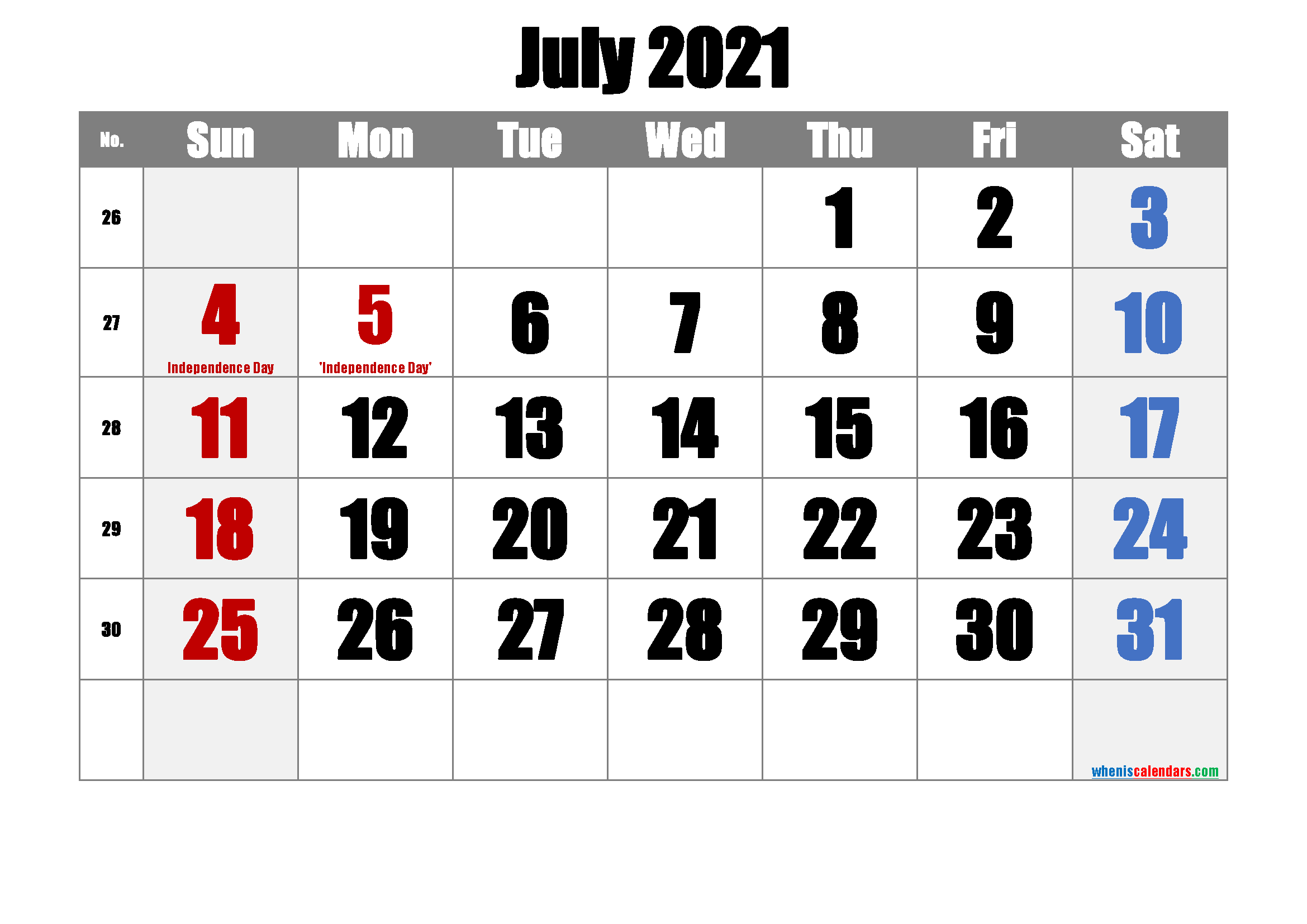 Printable Calendar July 2021