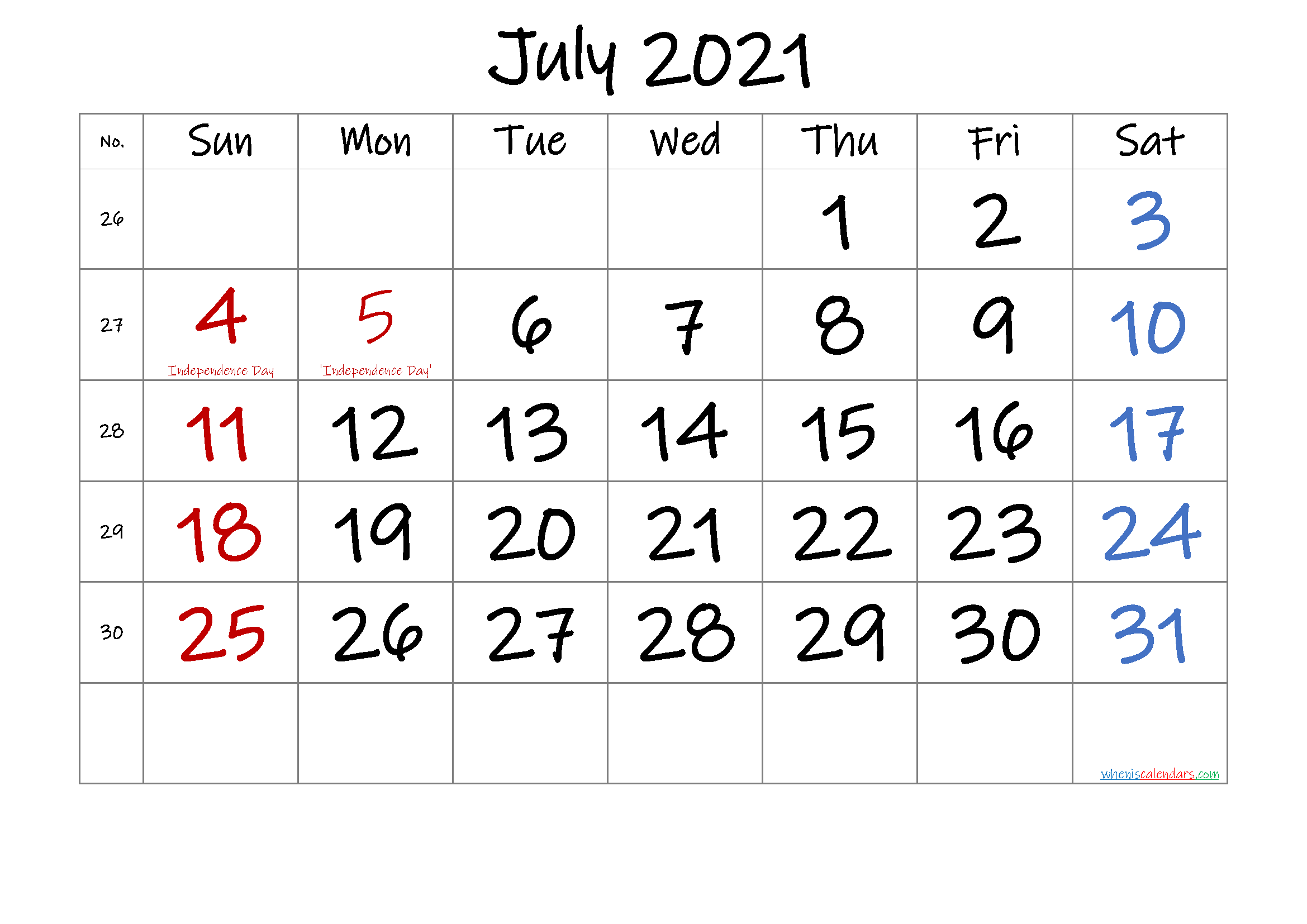 JULY 2021 Printable Calendar with Holidays