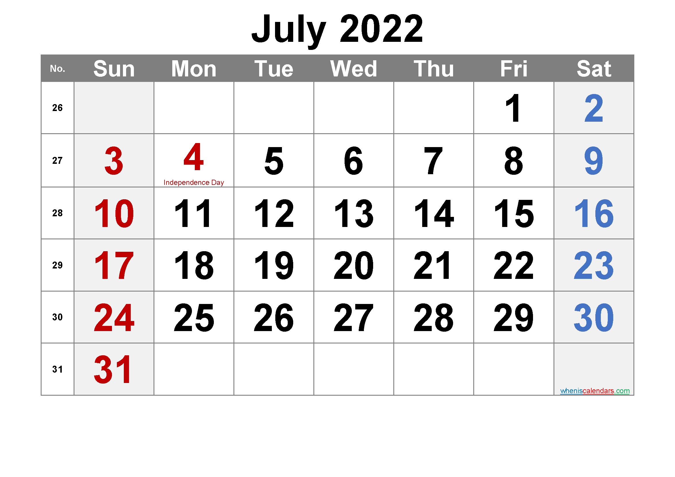 Printable July 2022 Calendar Word