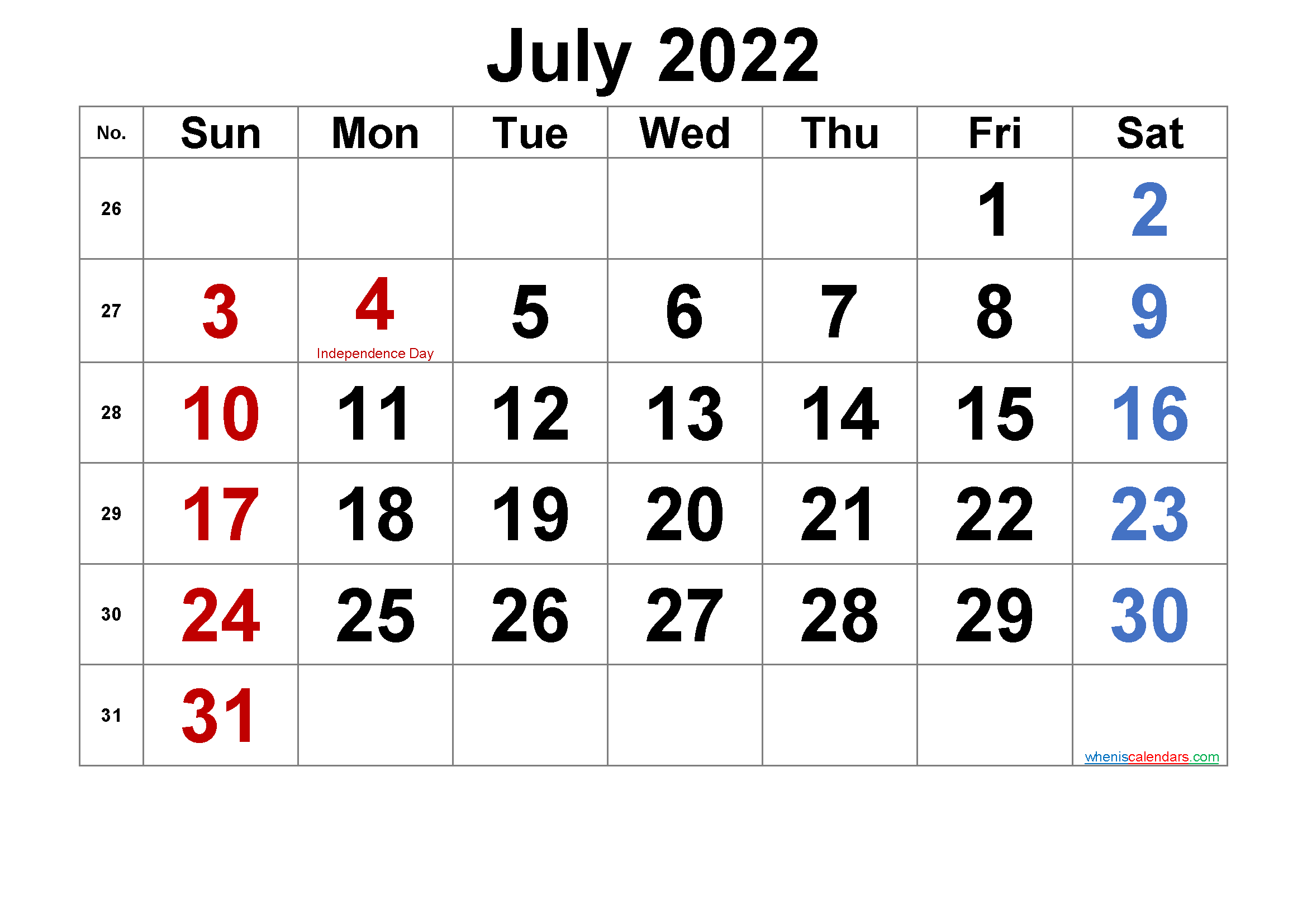 Free Printable July 2022 Calendar with Holidays