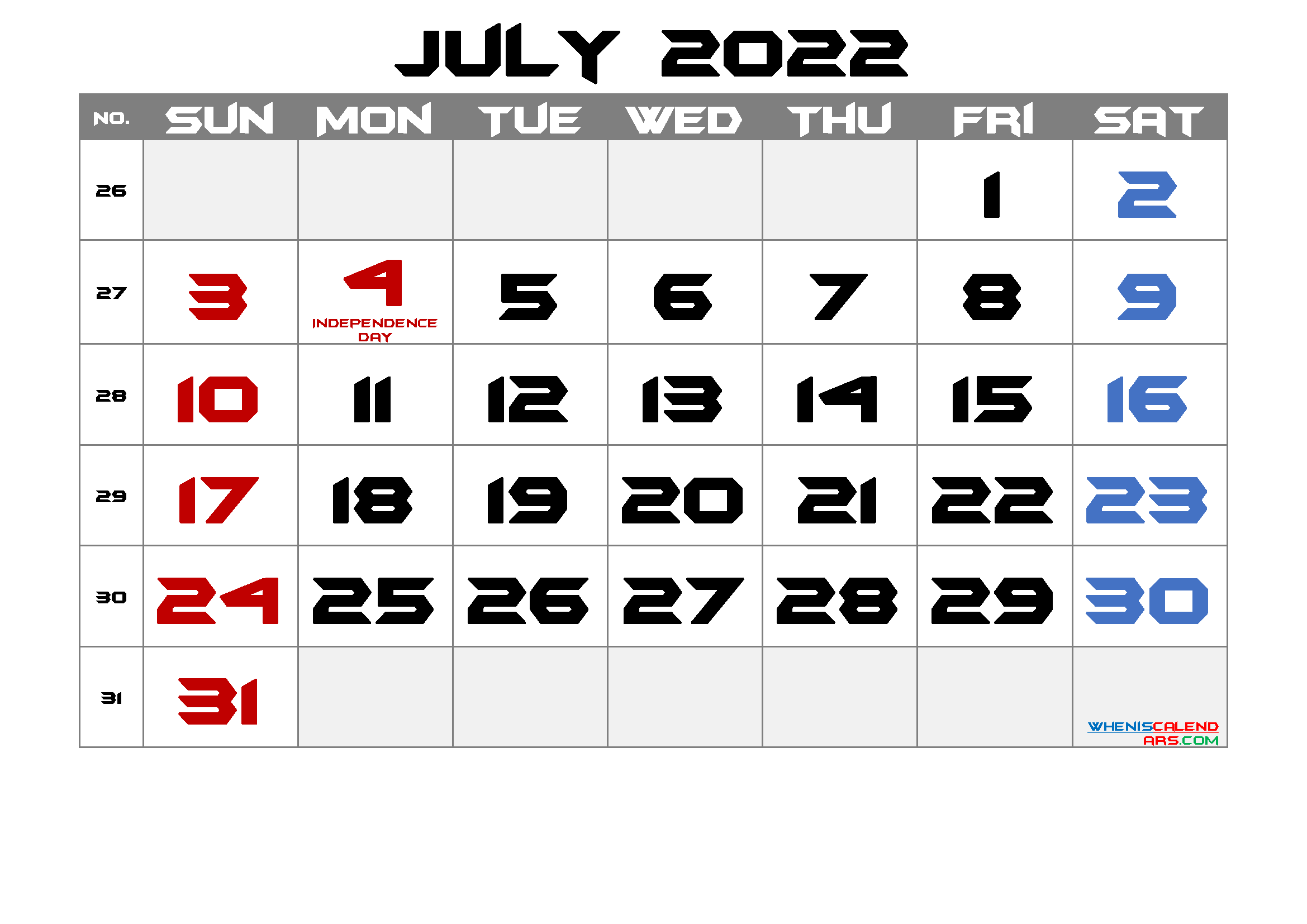 Free July 2022 Calendar Printable