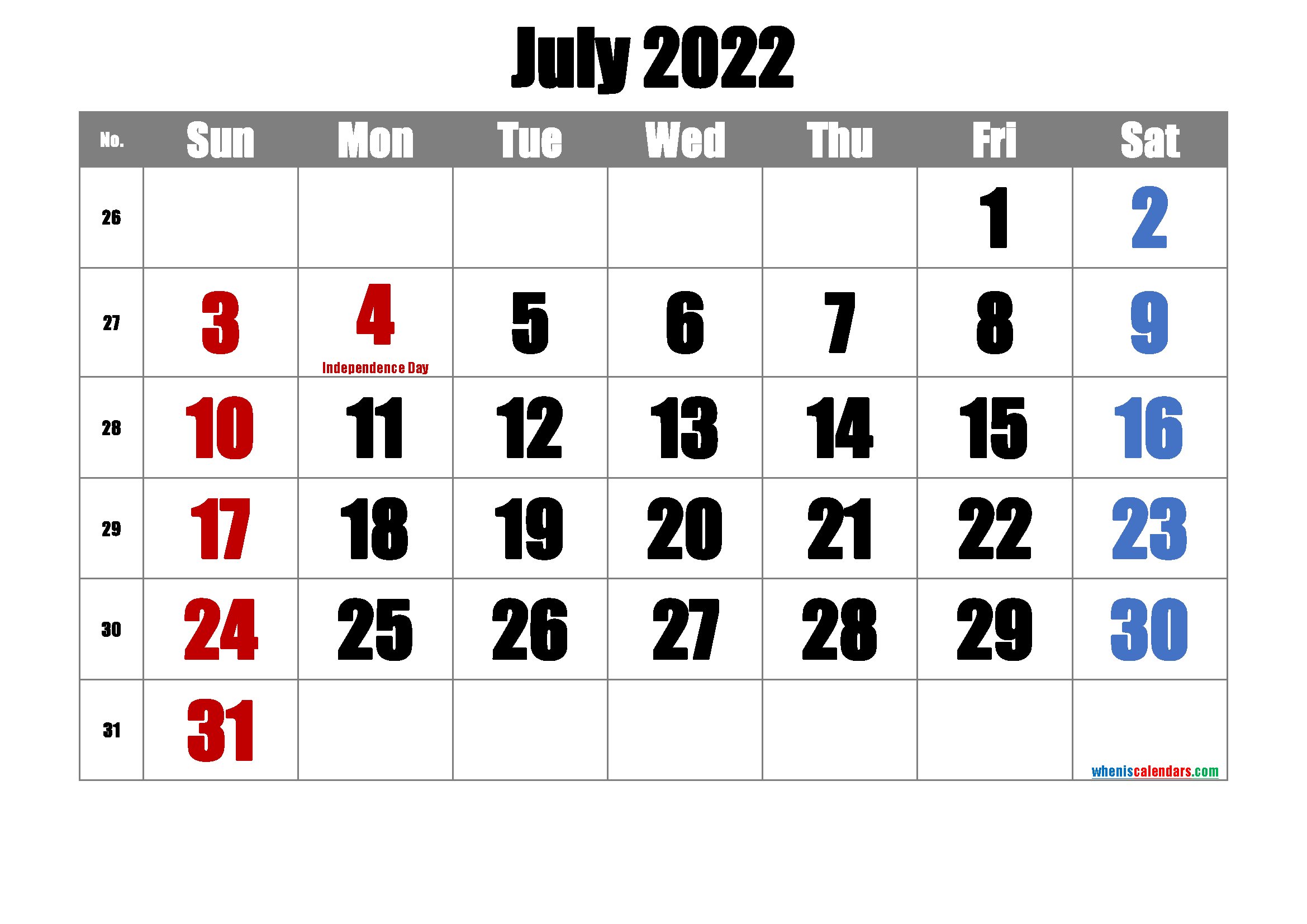 Printable July 2022 Calendar PDF