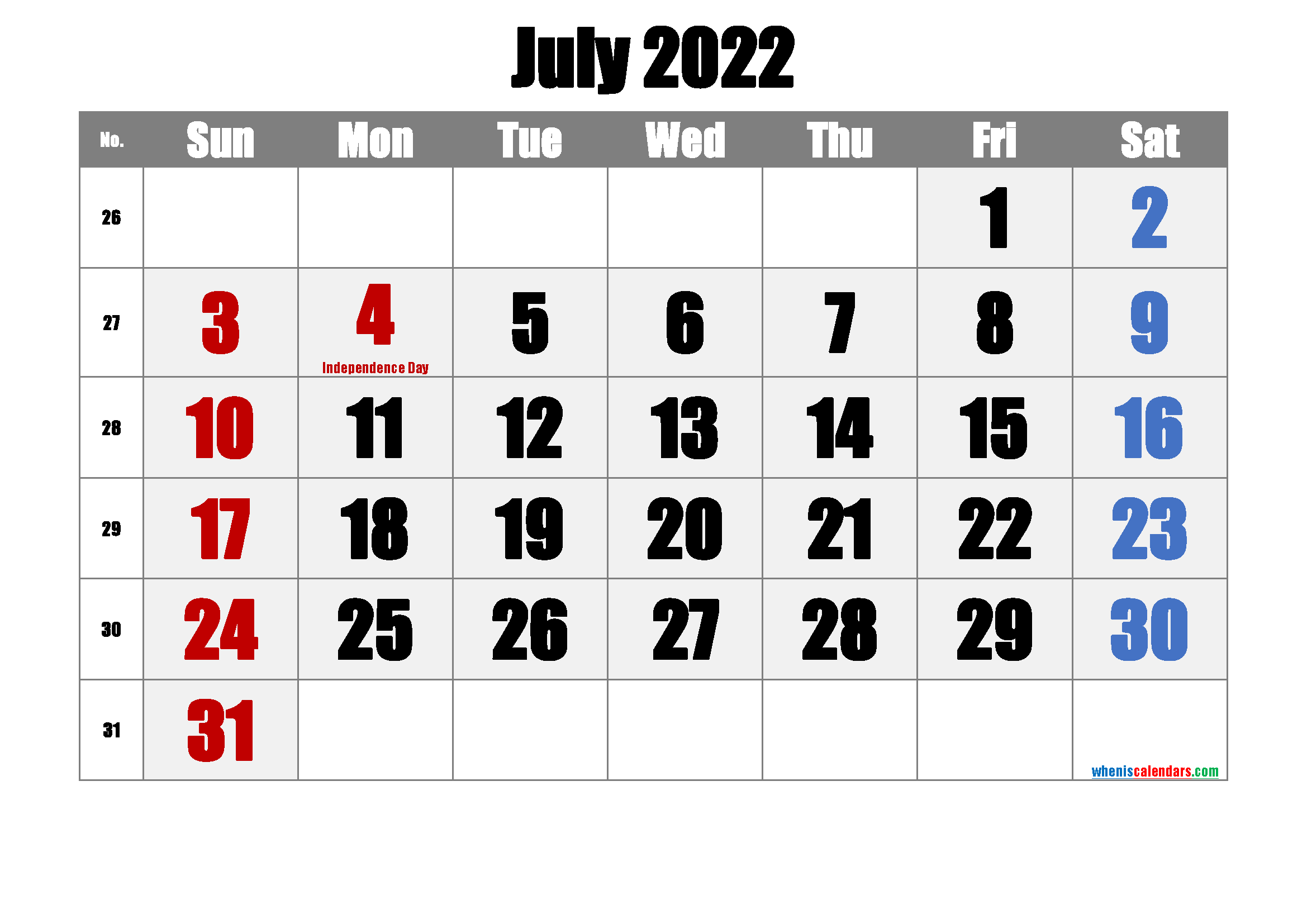 Free Printable July 2022 Calendar