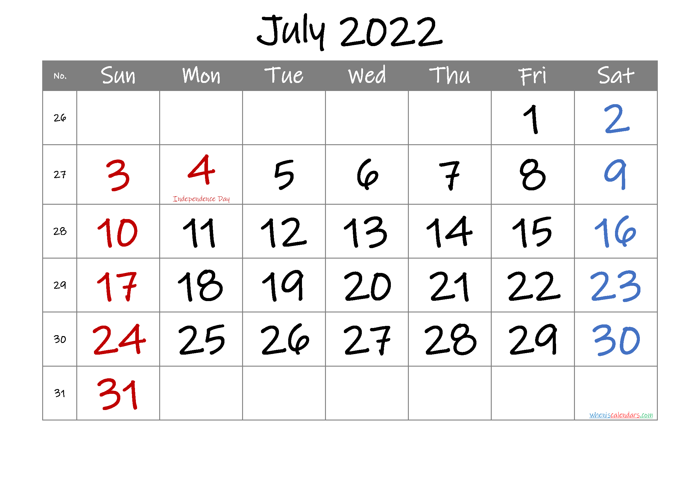 Free July 2022 Printable Calendar with Holidays