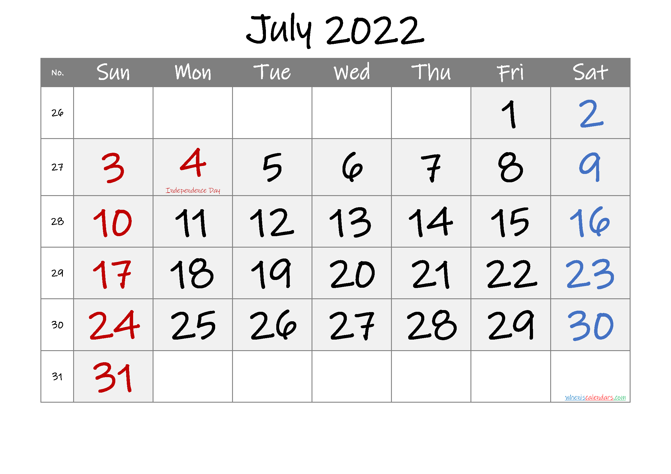 Free Printable Coloring Calendar 2022 July