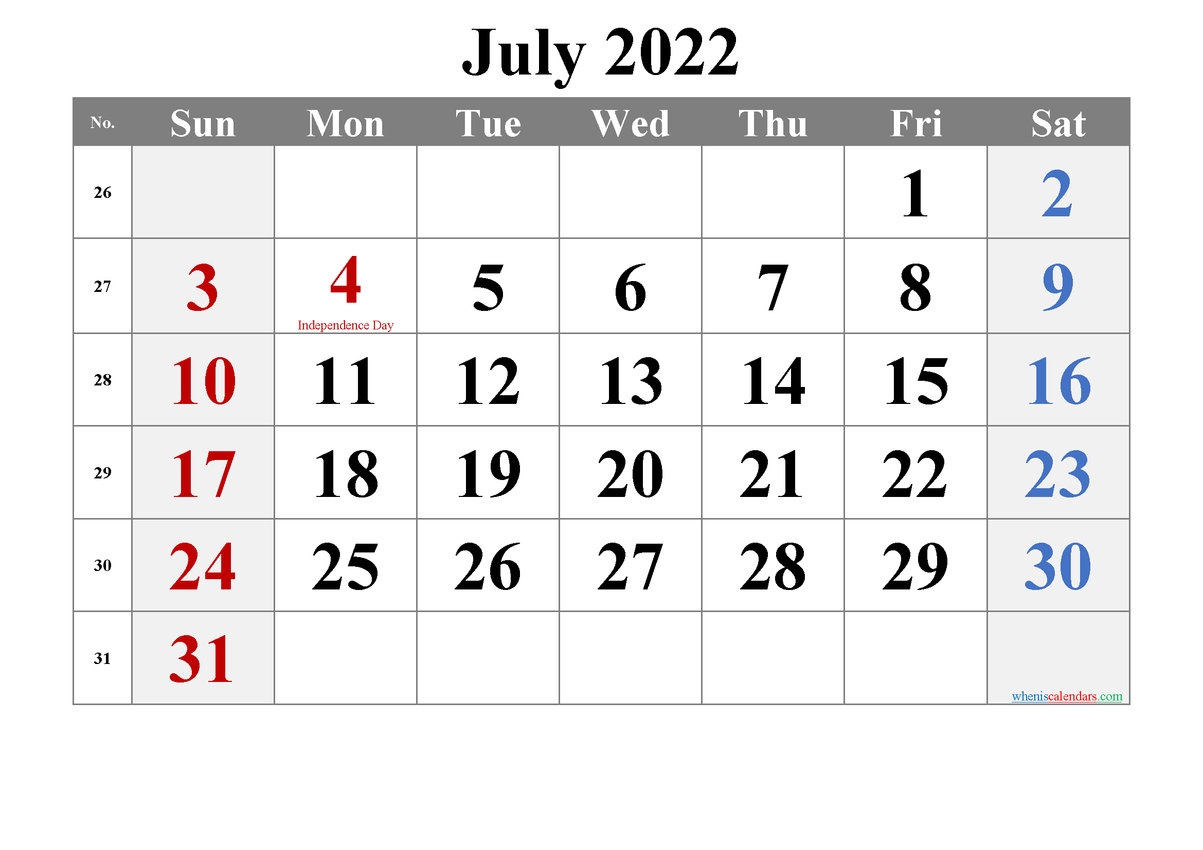 july 2022 printable calendar with holidays free