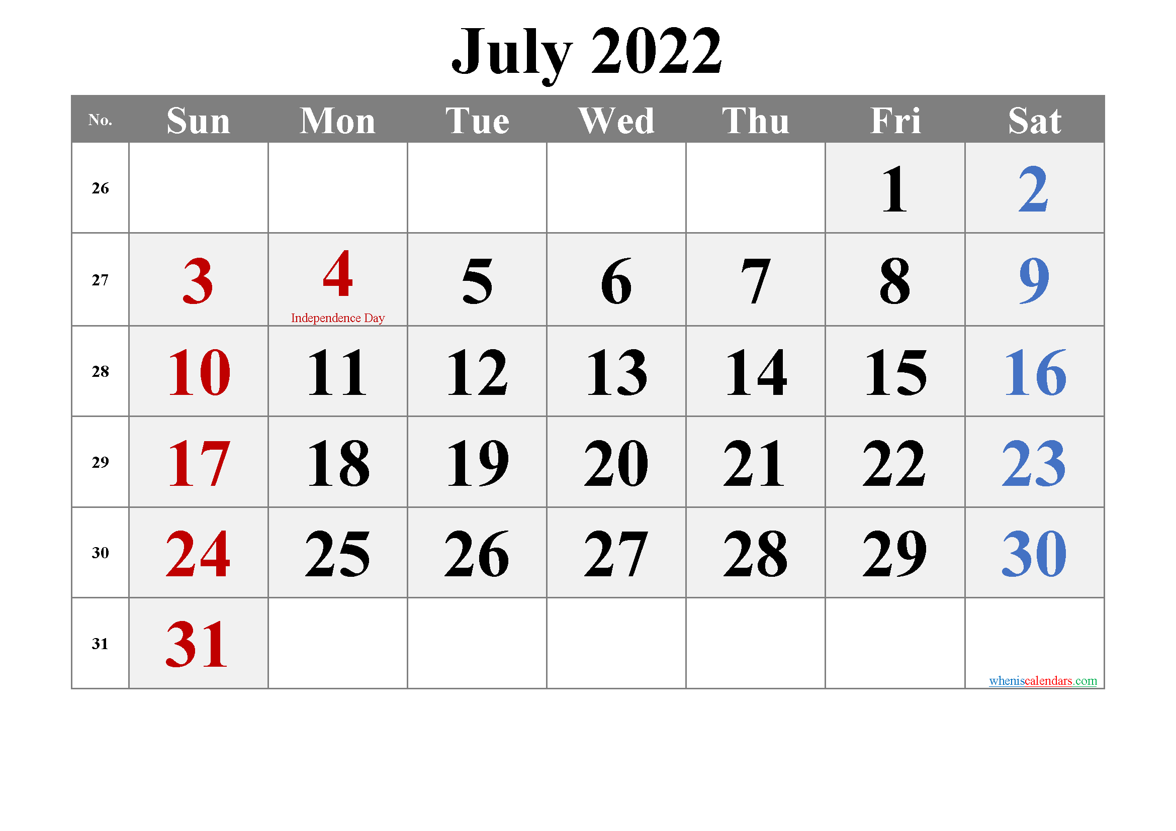 Printable July 2022 Calendar with Holidays