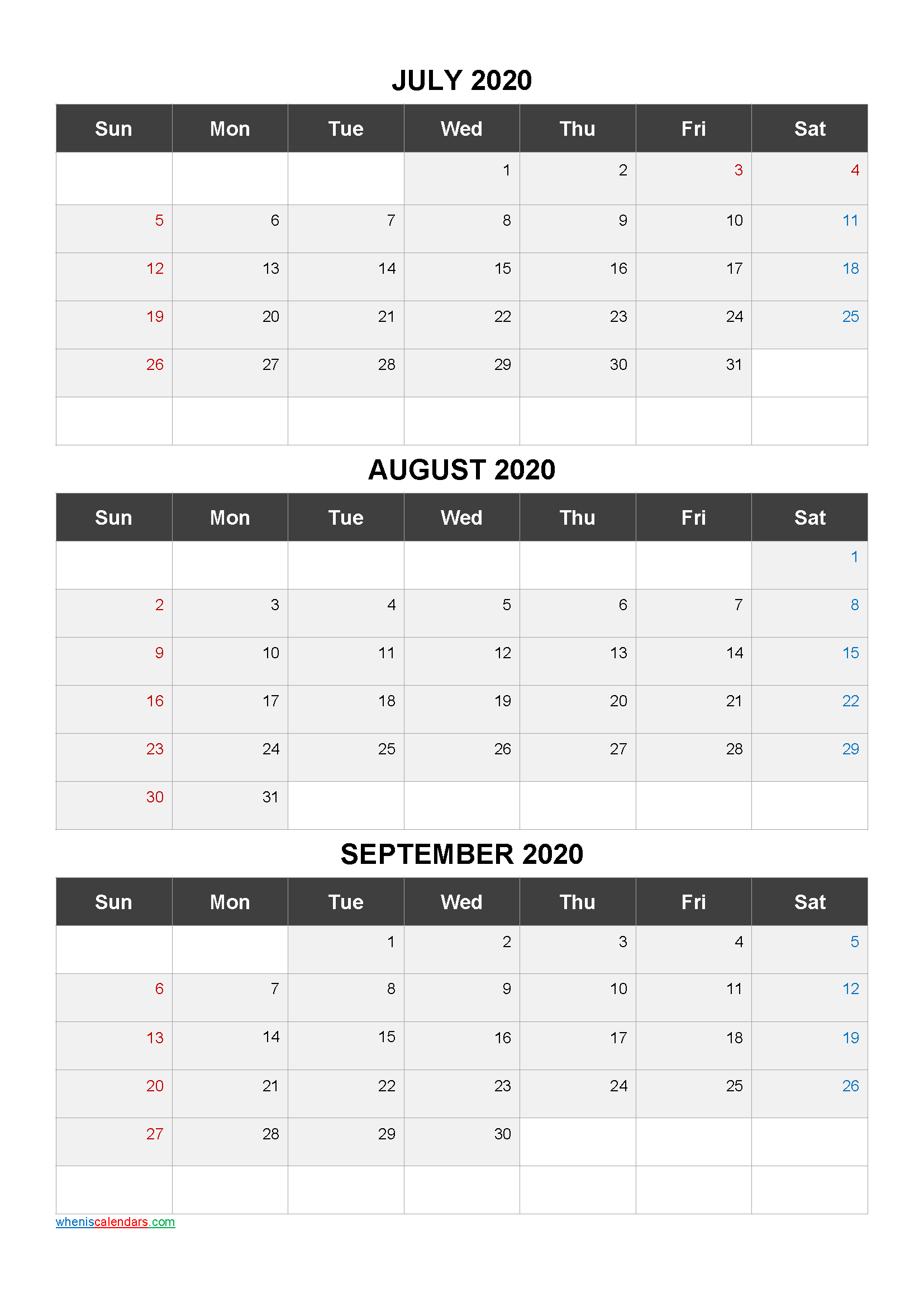 July August September 2020 Calendar Printable