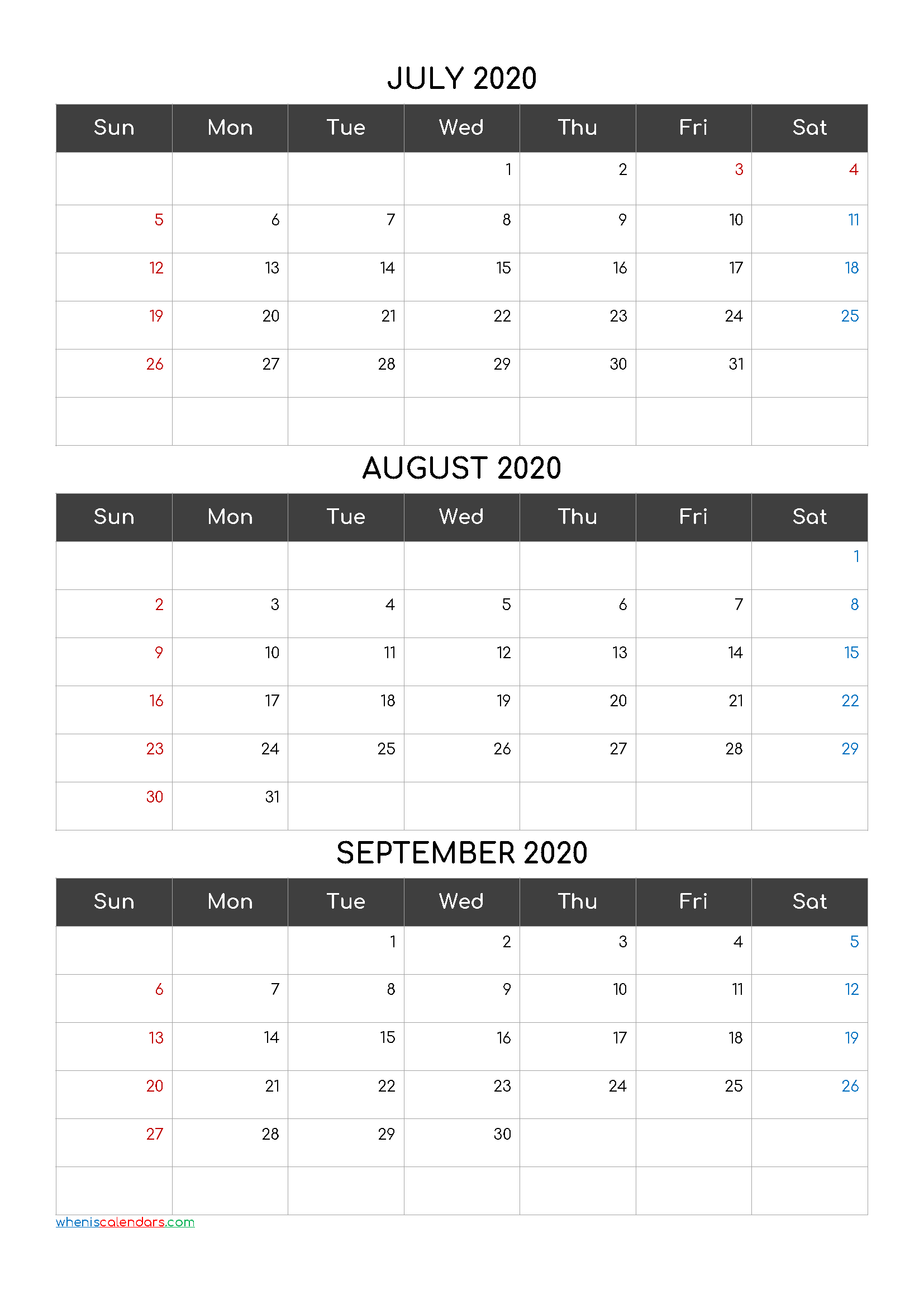 Calendar July August September 2020
