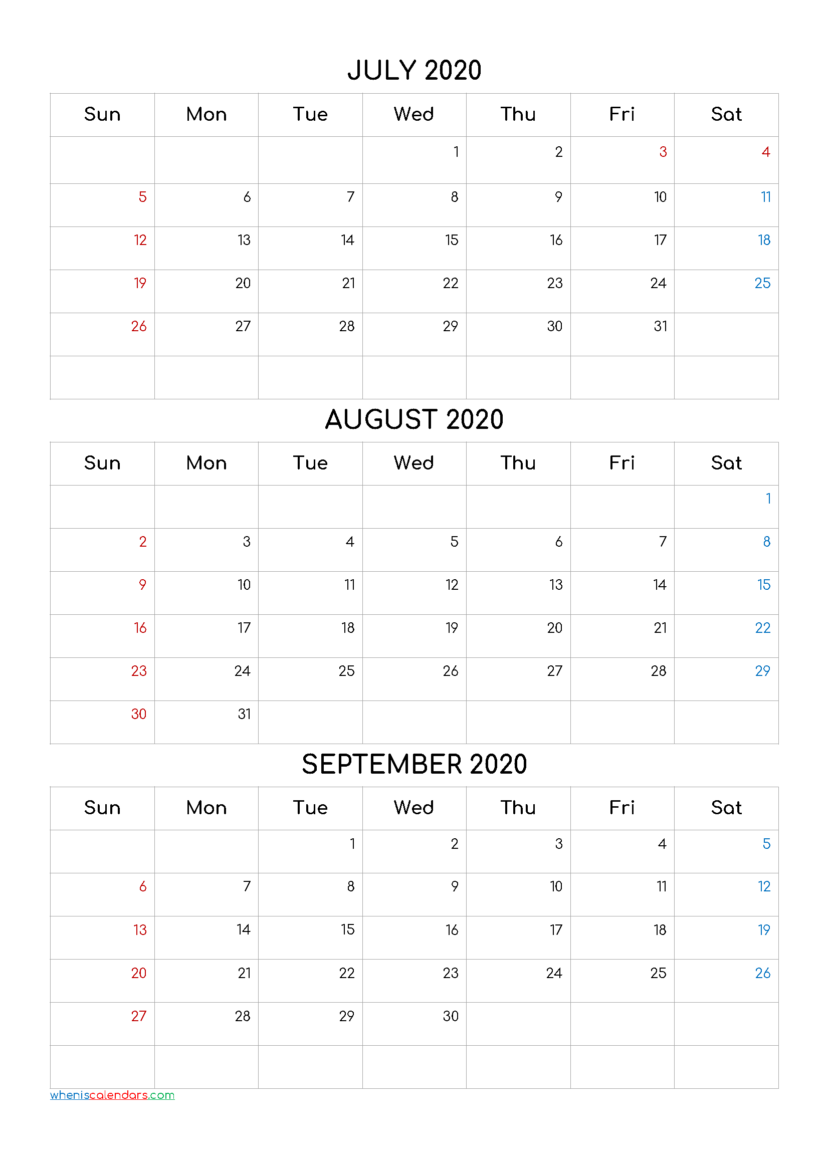 July August September 2021 Three Month Calendar Printable ...