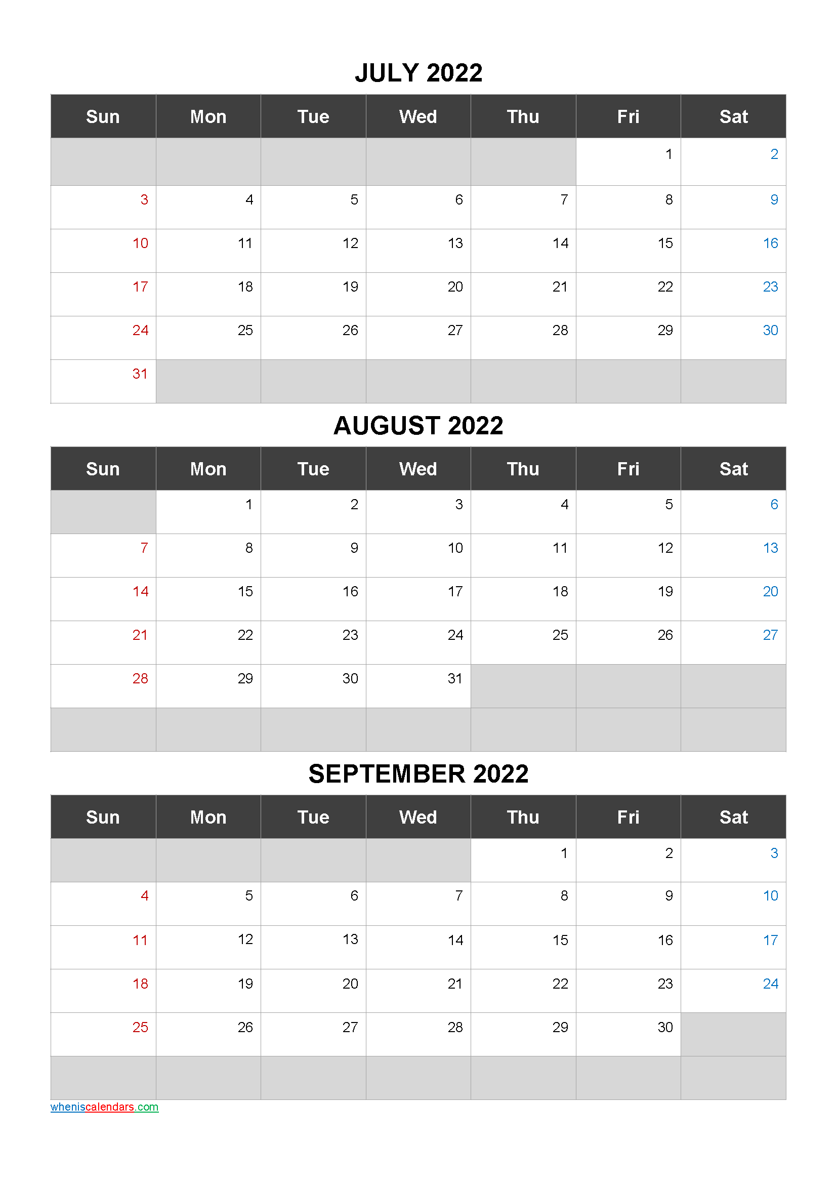 Printable Calendar July August September 2022