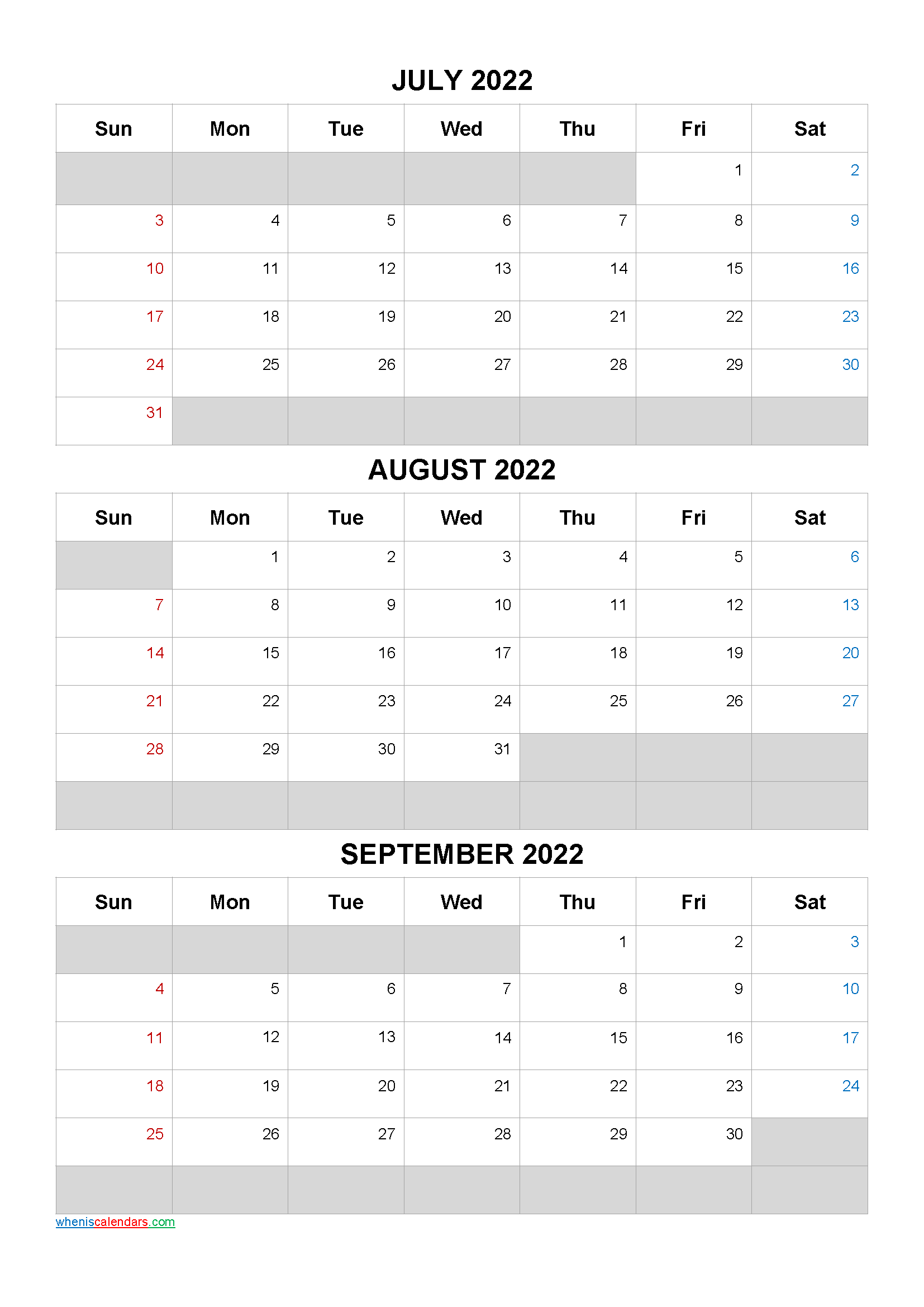July August September 2022 Calendar Template Q1 Q2 Q3 Q4