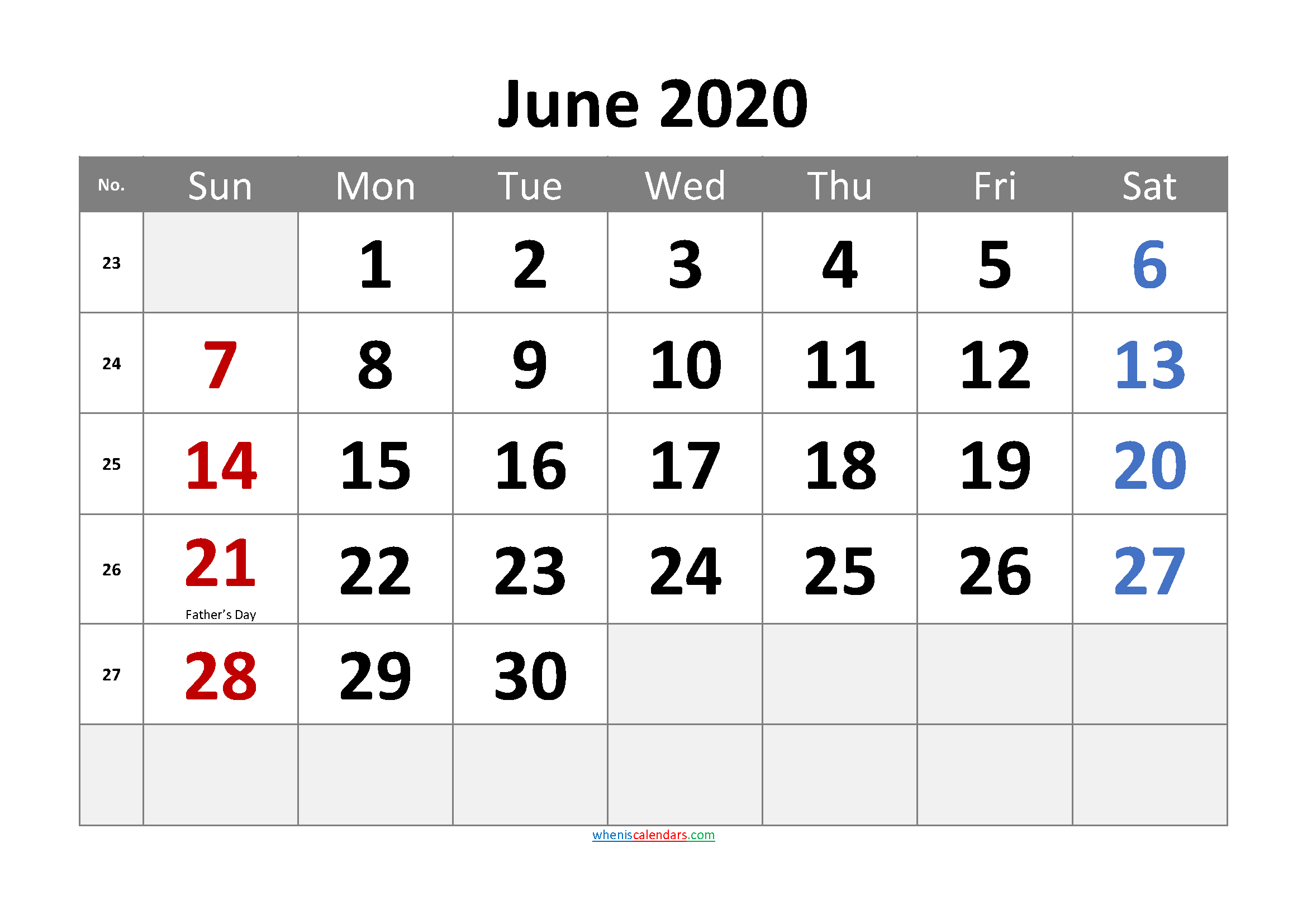 Free Printable JUNE 2020 Calendar with Holidays