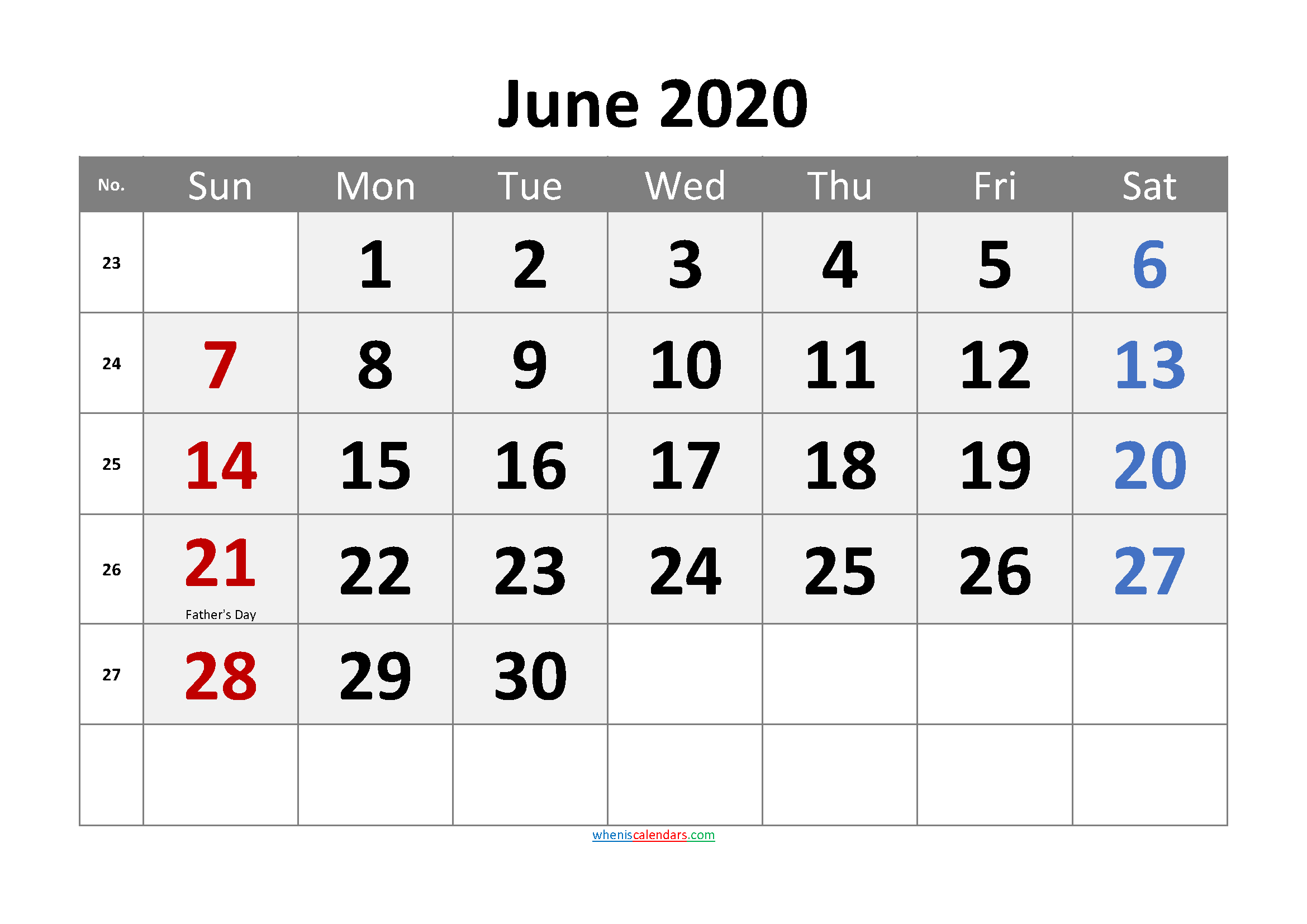 JUNE 2020 Printable Calendar with Holidays