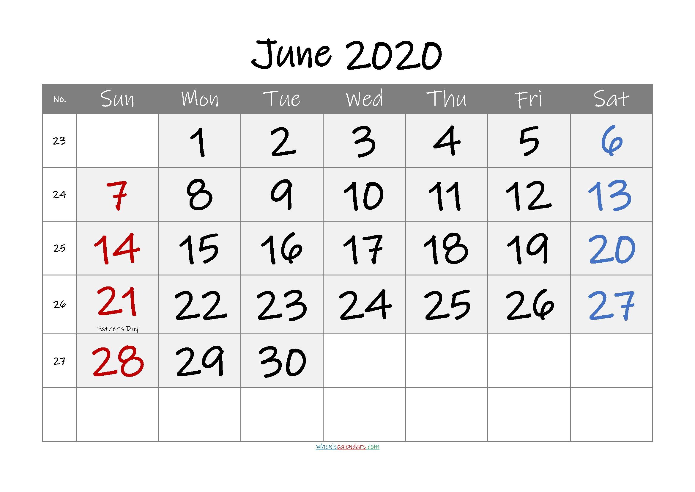 Printable JUNE 2020 Calendar with Holidays