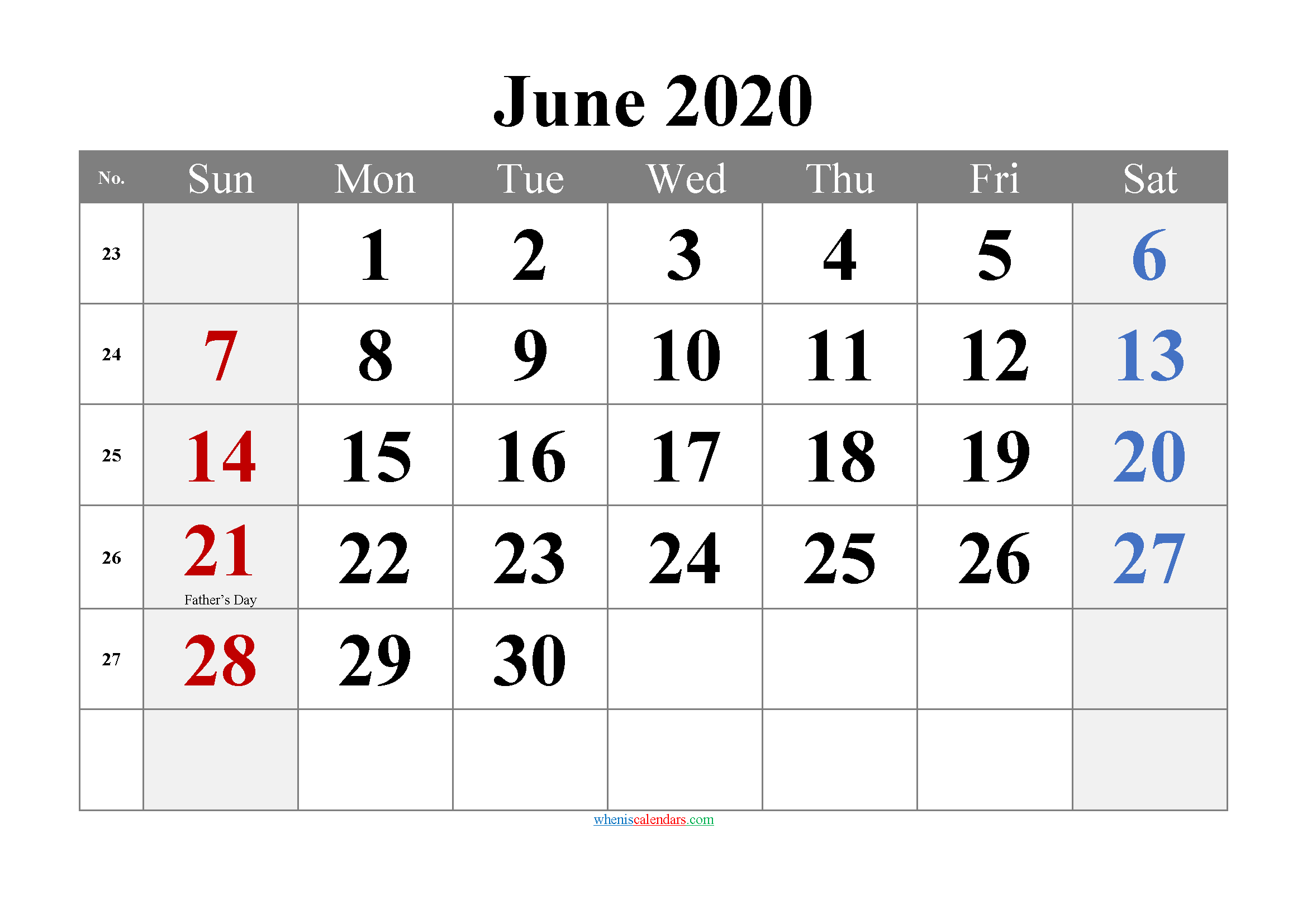 JUNE 2020 Printable Calendar with Holidays