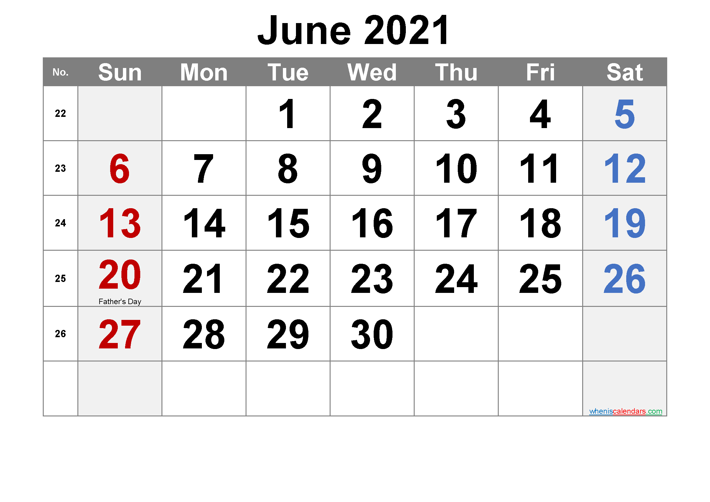 Printable June 2021 Calendar Word