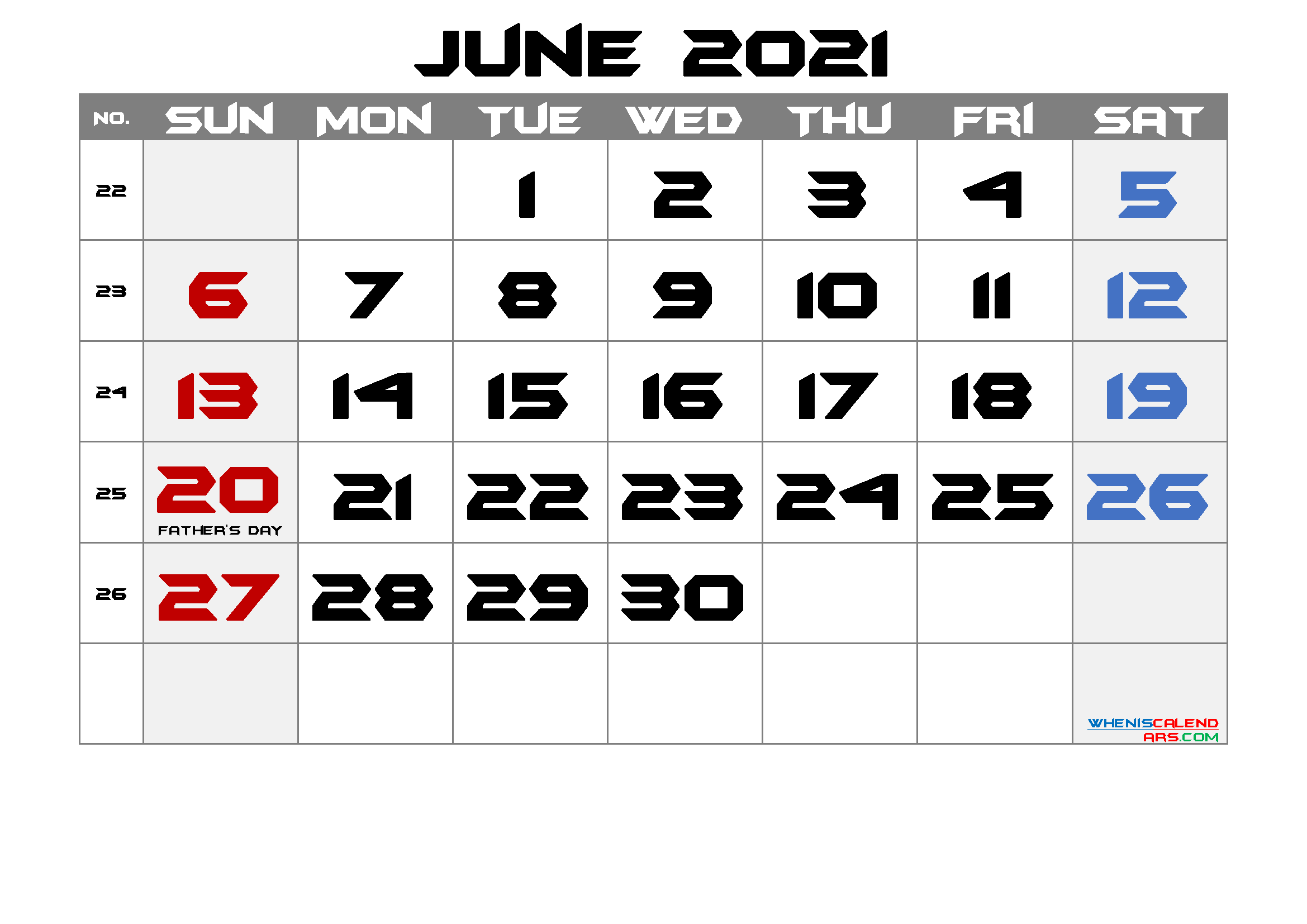 Printable June 2021 Calendar with Holidays