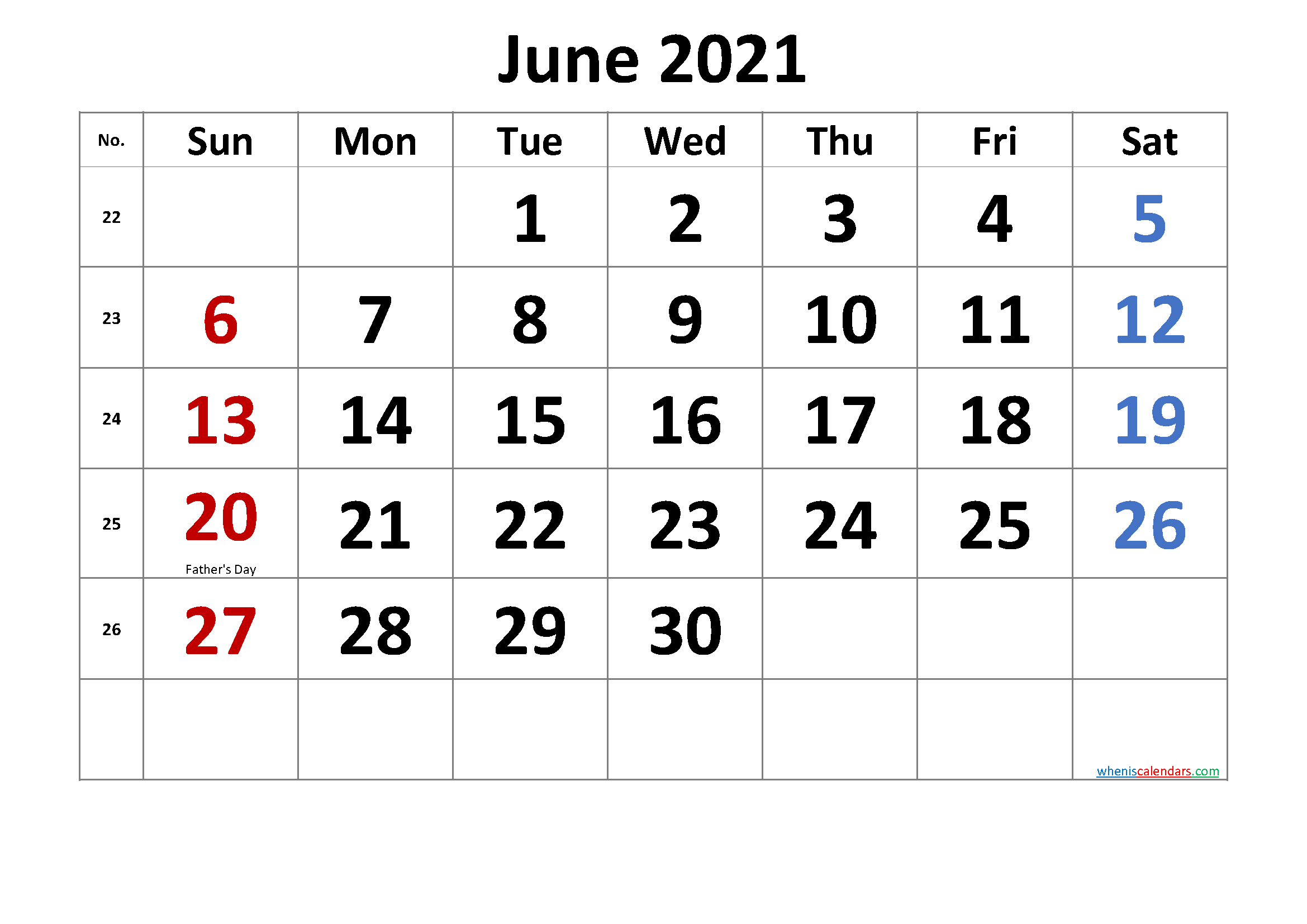 Printable June 2021 Calendar with Holidays