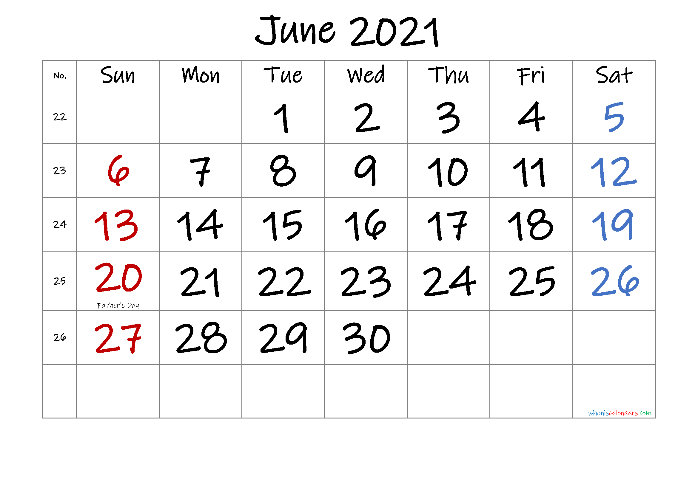 JUNE 2021 Printable Calendar with Holidays