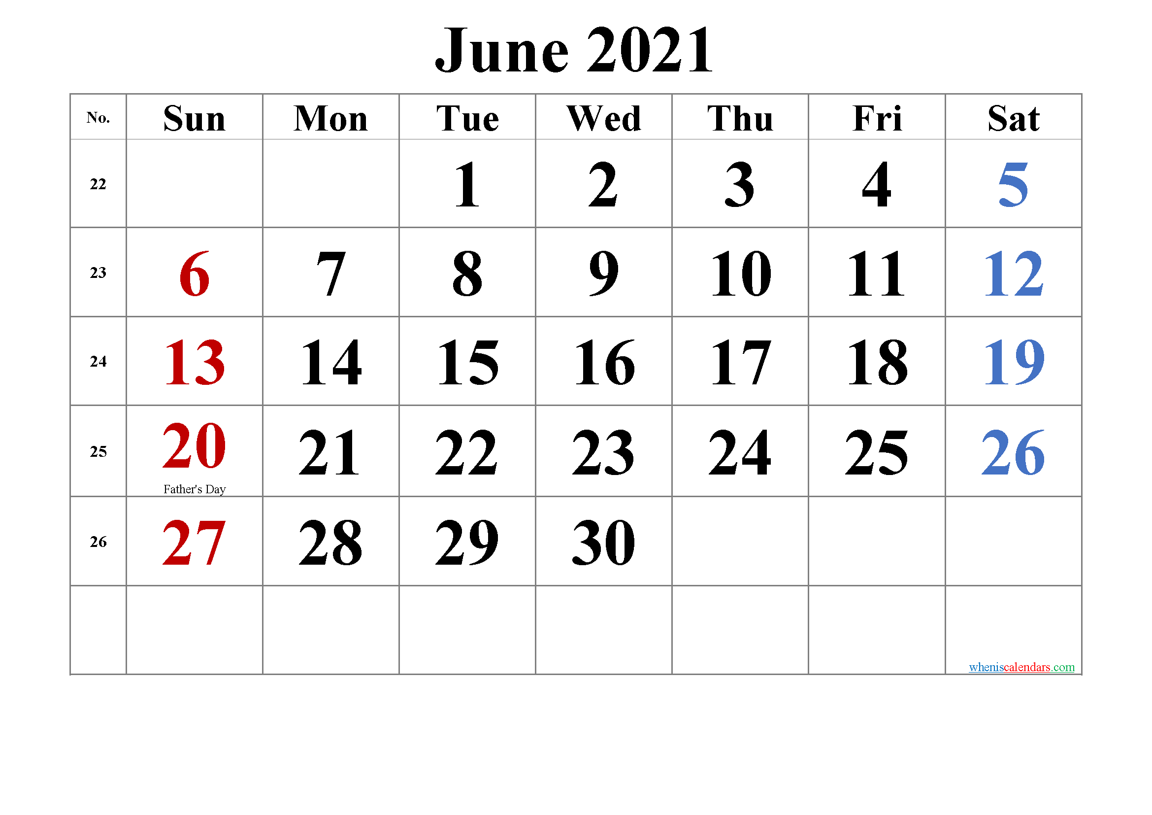 Printable JUNE 2021 Calendar with Holidays