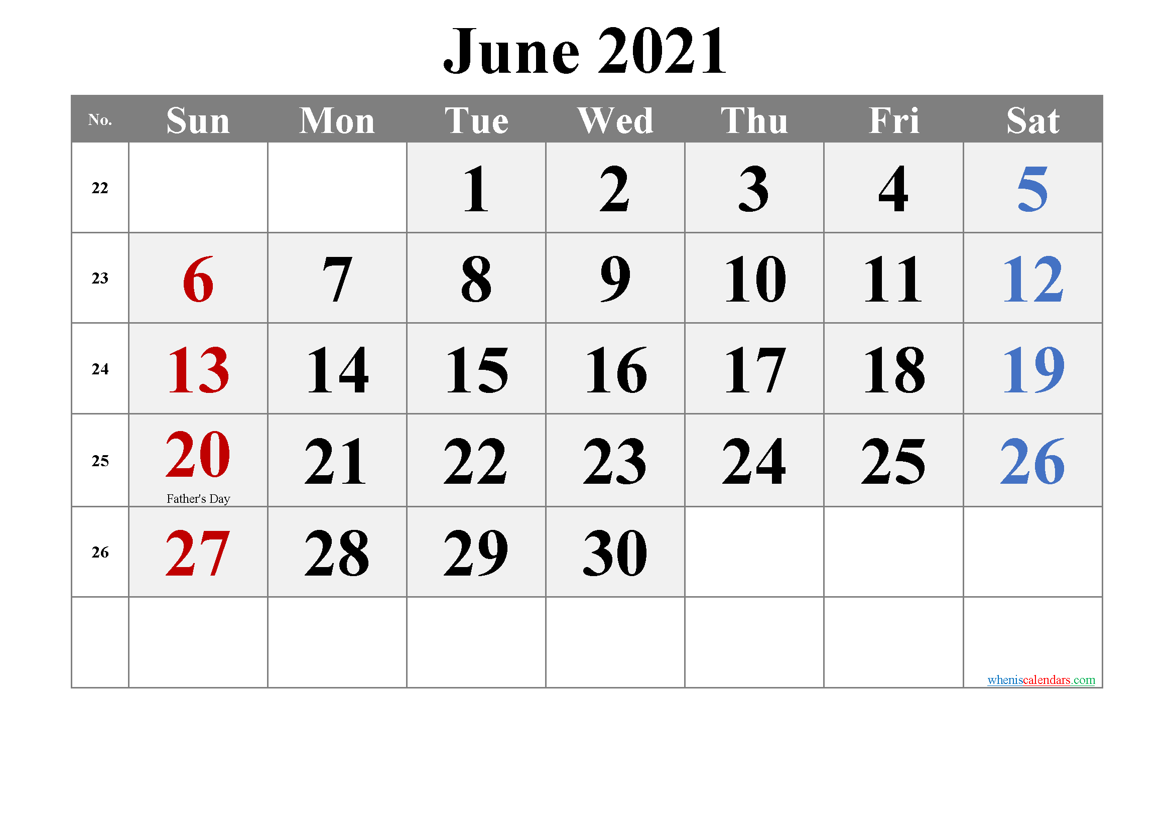 JUNE 2021 Printable Calendar with Holidays