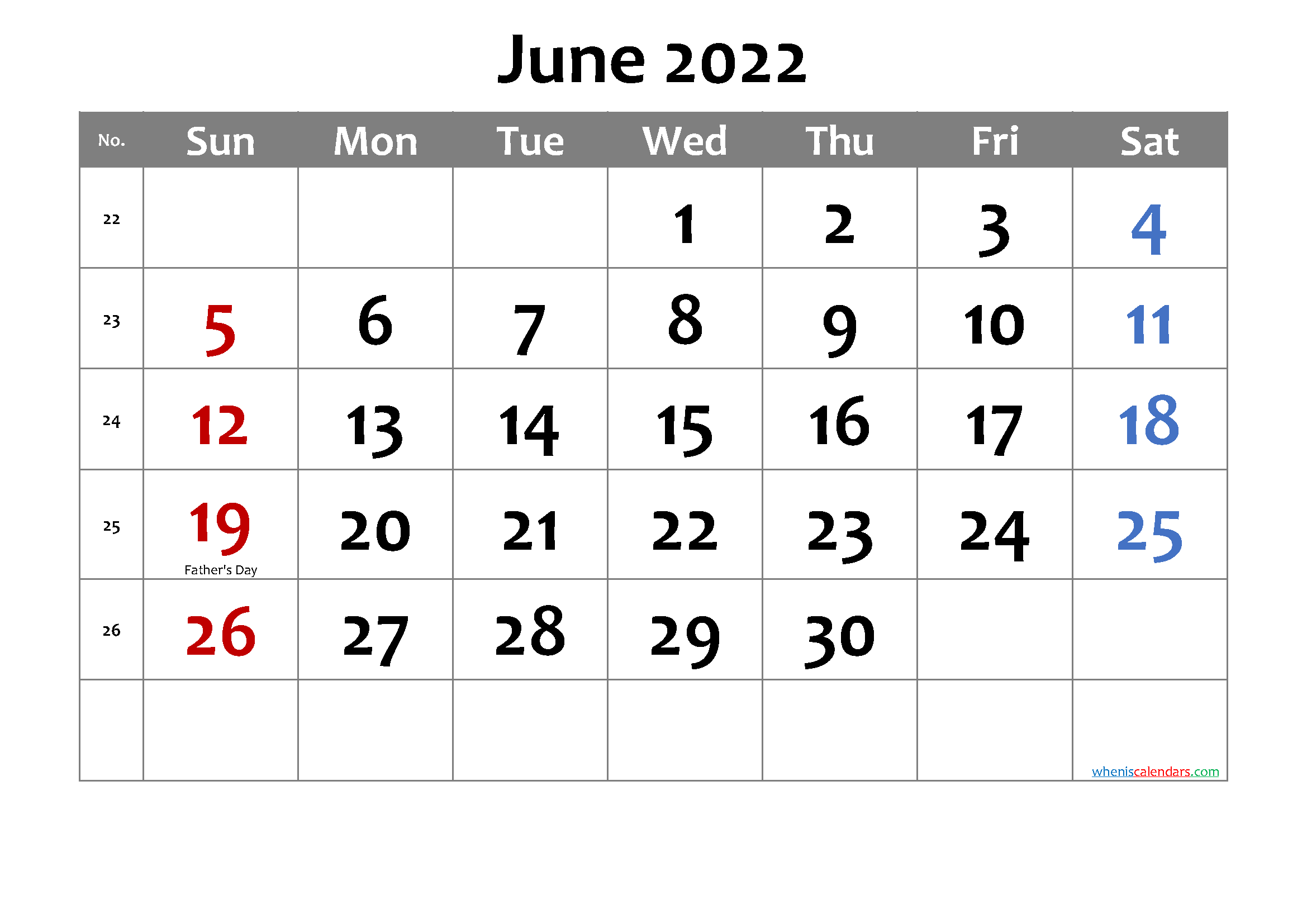 Printable June 2022 Calendar Word